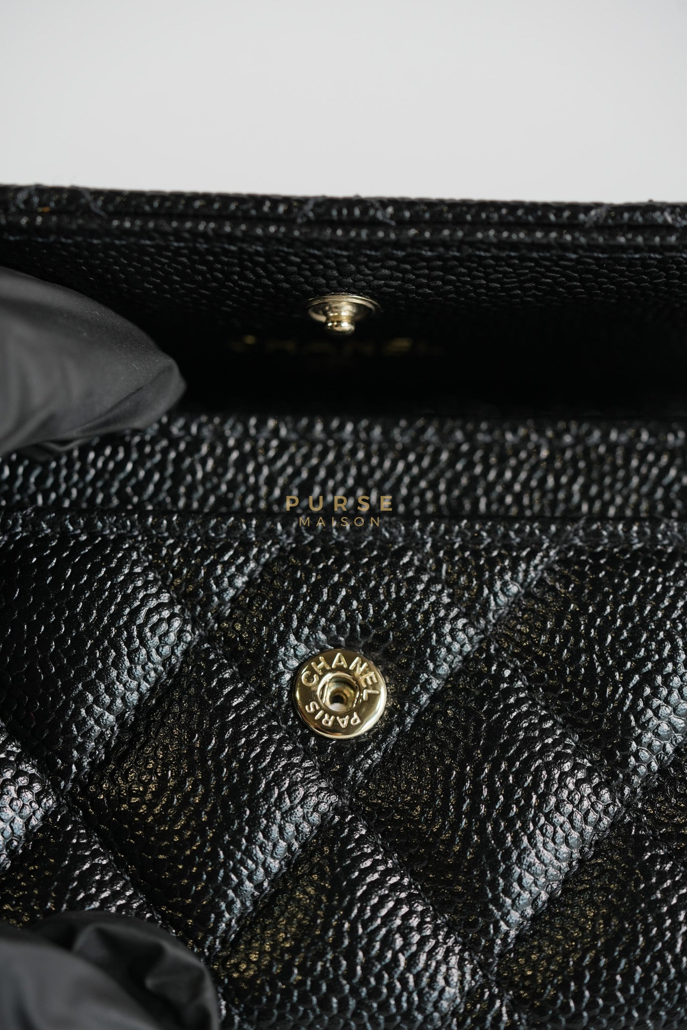 CC Flap Card Holder In Black Caviar Leather & Light Gold Hardware Microchip | Purse Maison Luxury Bags Shop