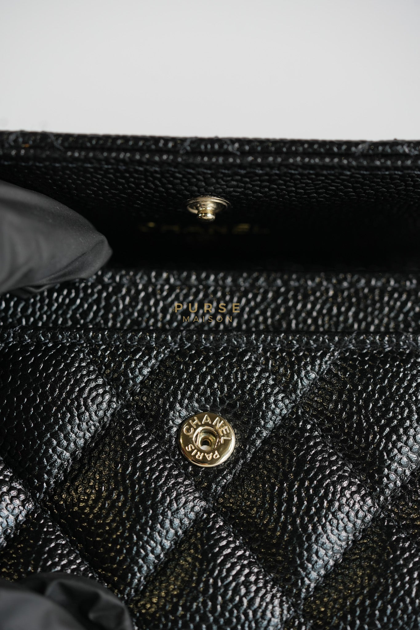 CC Flap Card Holder In Black Caviar Leather & Light Gold Hardware Microchip | Purse Maison Luxury Bags Shop