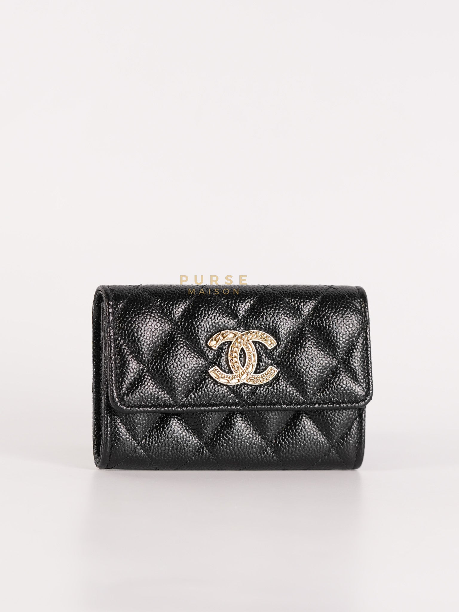 CC Flap Card Holder In Black Caviar Leather & Light Gold Hardware Microchip | Purse Maison Luxury Bags Shop