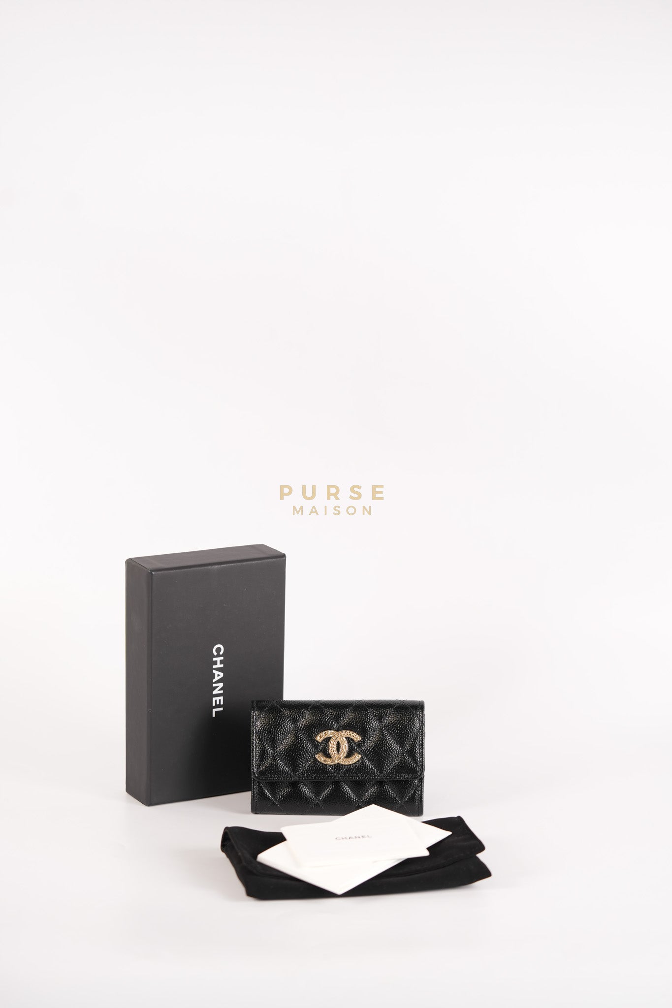 CC Flap Card Holder In Black Caviar Leather & Light Gold Hardware Microchip | Purse Maison Luxury Bags Shop