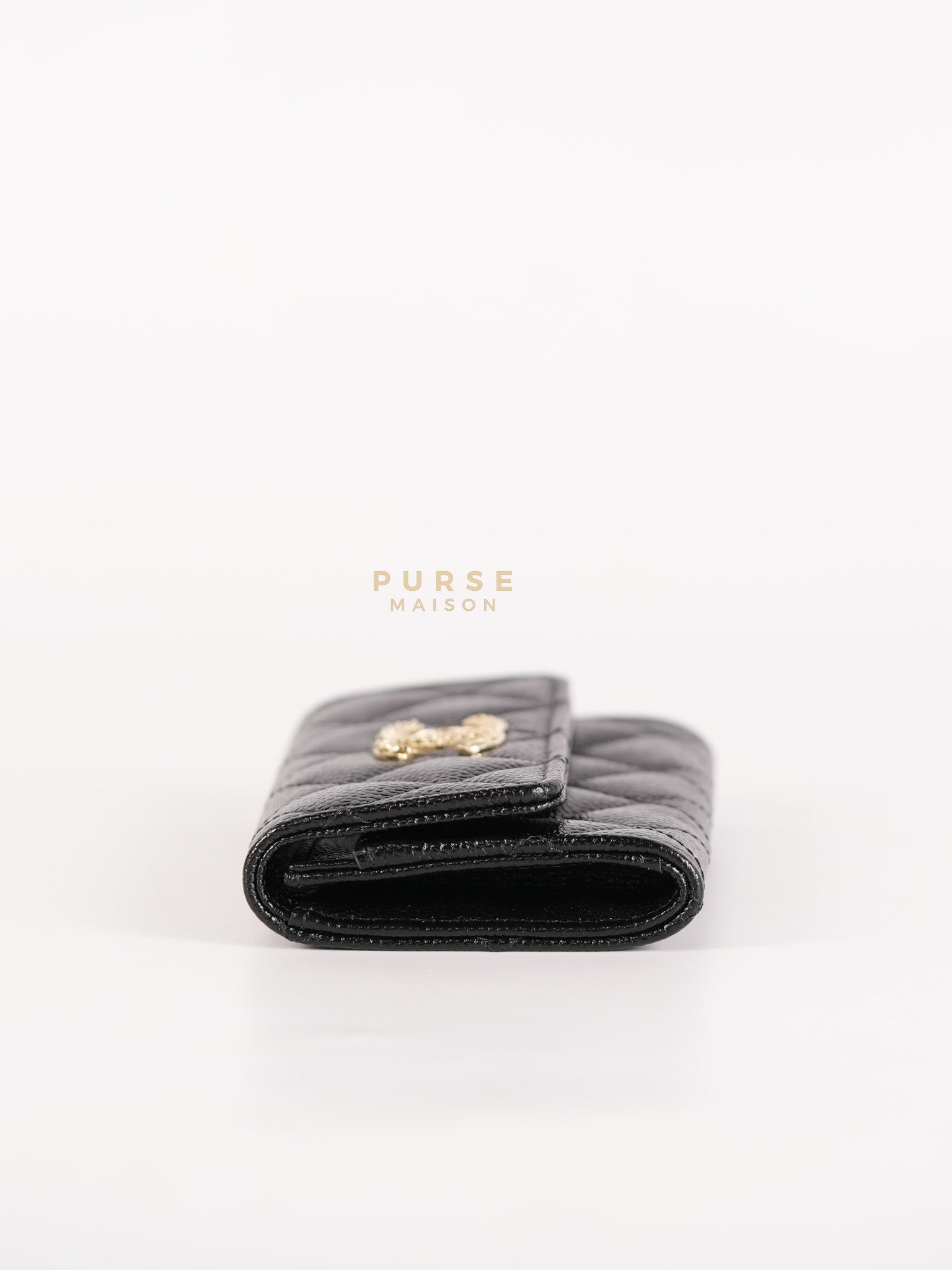 CC Flap Card Holder In Black Caviar Leather & Light Gold Hardware Microchip | Purse Maison Luxury Bags Shop