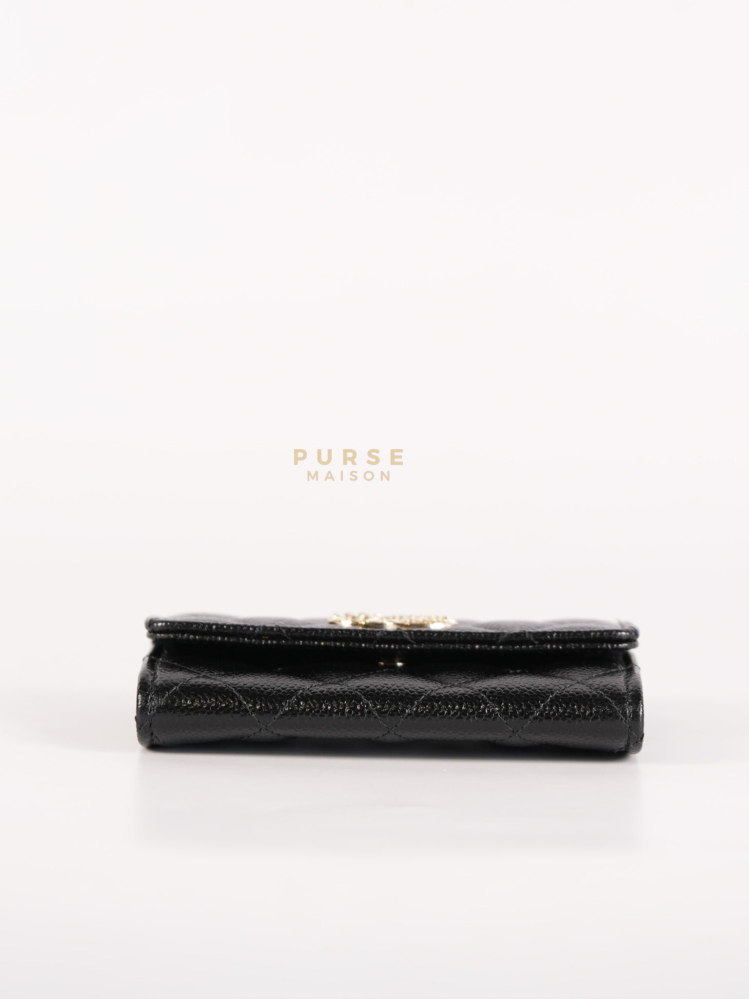 CC Flap Card Holder In Black Caviar Leather & Light Gold Hardware Microchip | Purse Maison Luxury Bags Shop