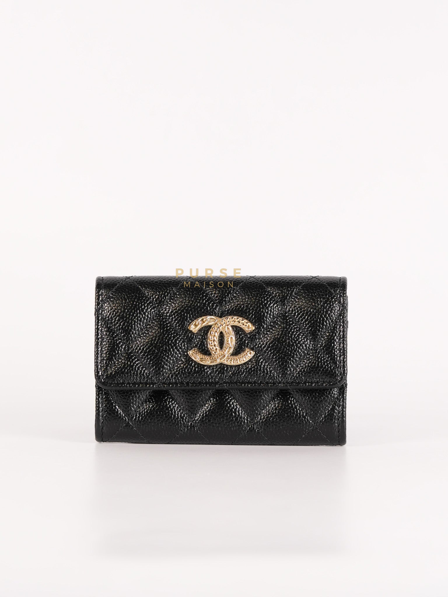 CC Flap Card Holder In Black Caviar Leather & Light Gold Hardware Microchip | Purse Maison Luxury Bags Shop