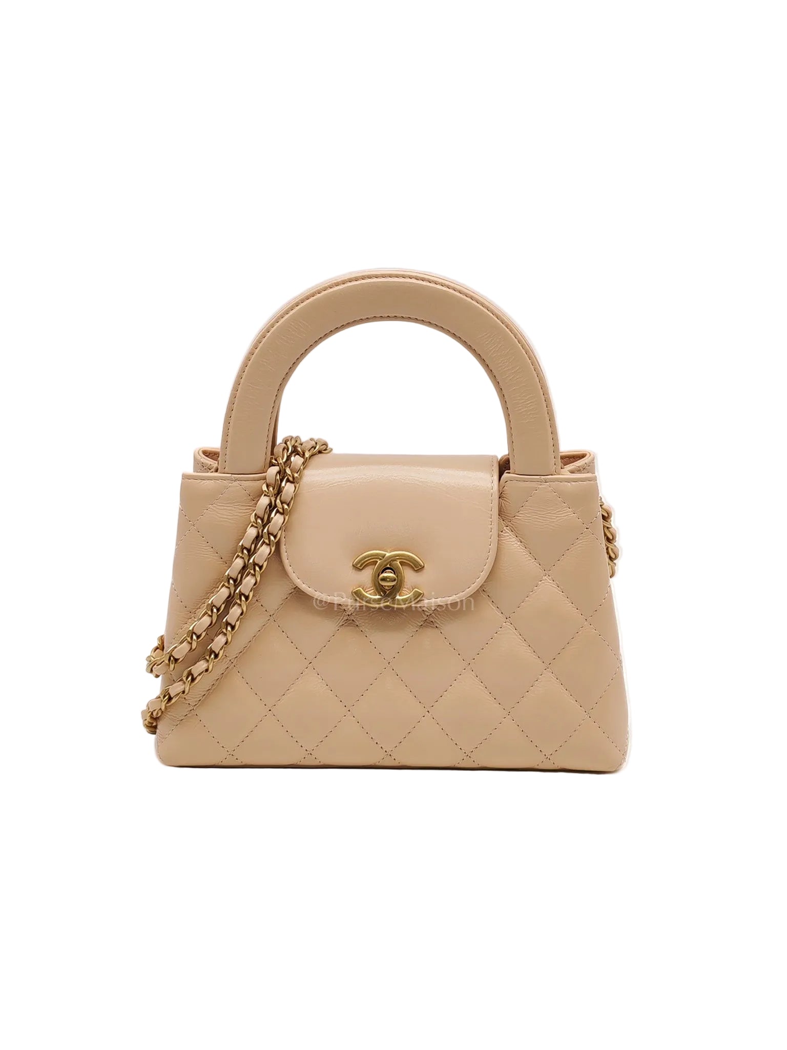 CC Kelly In Biege Shiny Calfskin Leather and Aged Gold Hardware (Microchip) | Purse Maison Luxury Bags Shop