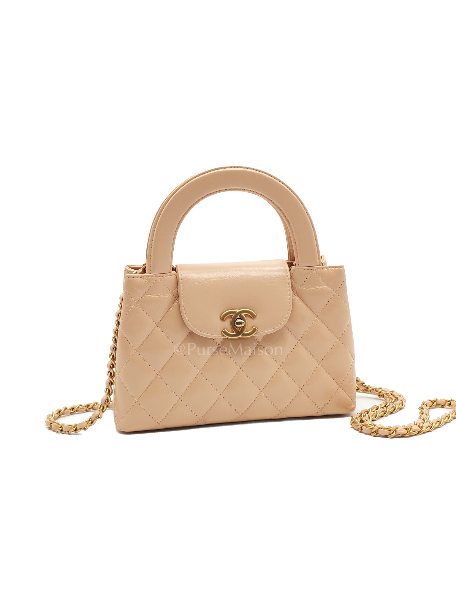 CC Kelly Shopping Bag in Beige Calfskin Leather and Aged Gold Hardware (Microchip) | Purse Maison Luxury Bags Shop