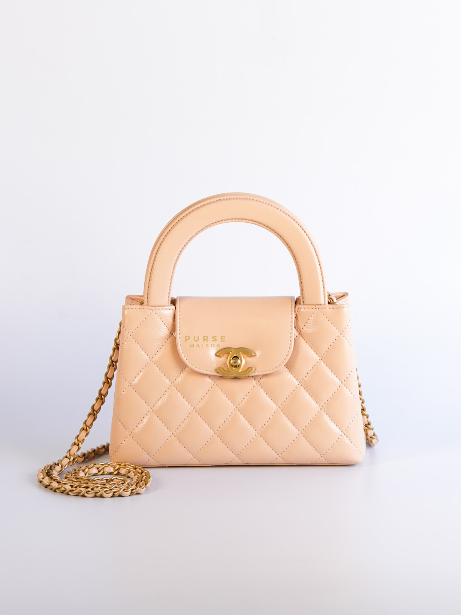 Kelly Mini Beige Crossbody Bag in Shiny calf, Gold hardware | Purse Maison Luxury Bags Shop