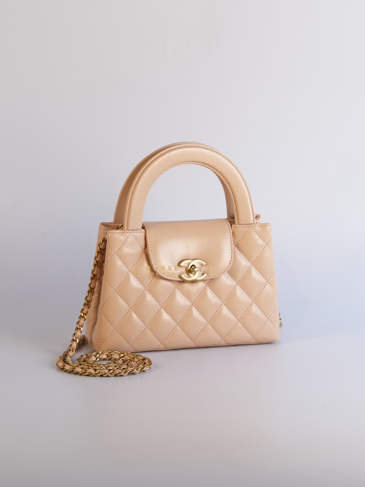 Kelly Mini Beige Crossbody Bag in Shiny calf, Gold hardware | Purse Maison Luxury Bags Shop