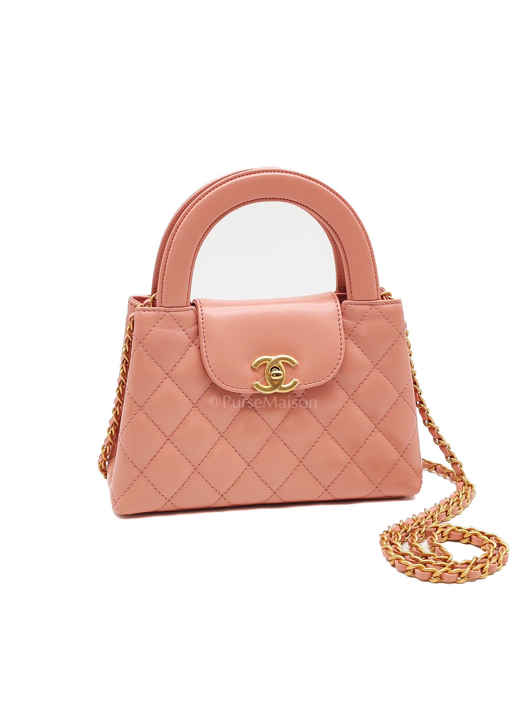 CC Kelly Small in Pink Shiny Calfskin Leather and Aged Gold Hardware (Microchip) | Purse Maison Luxury Bags Shop