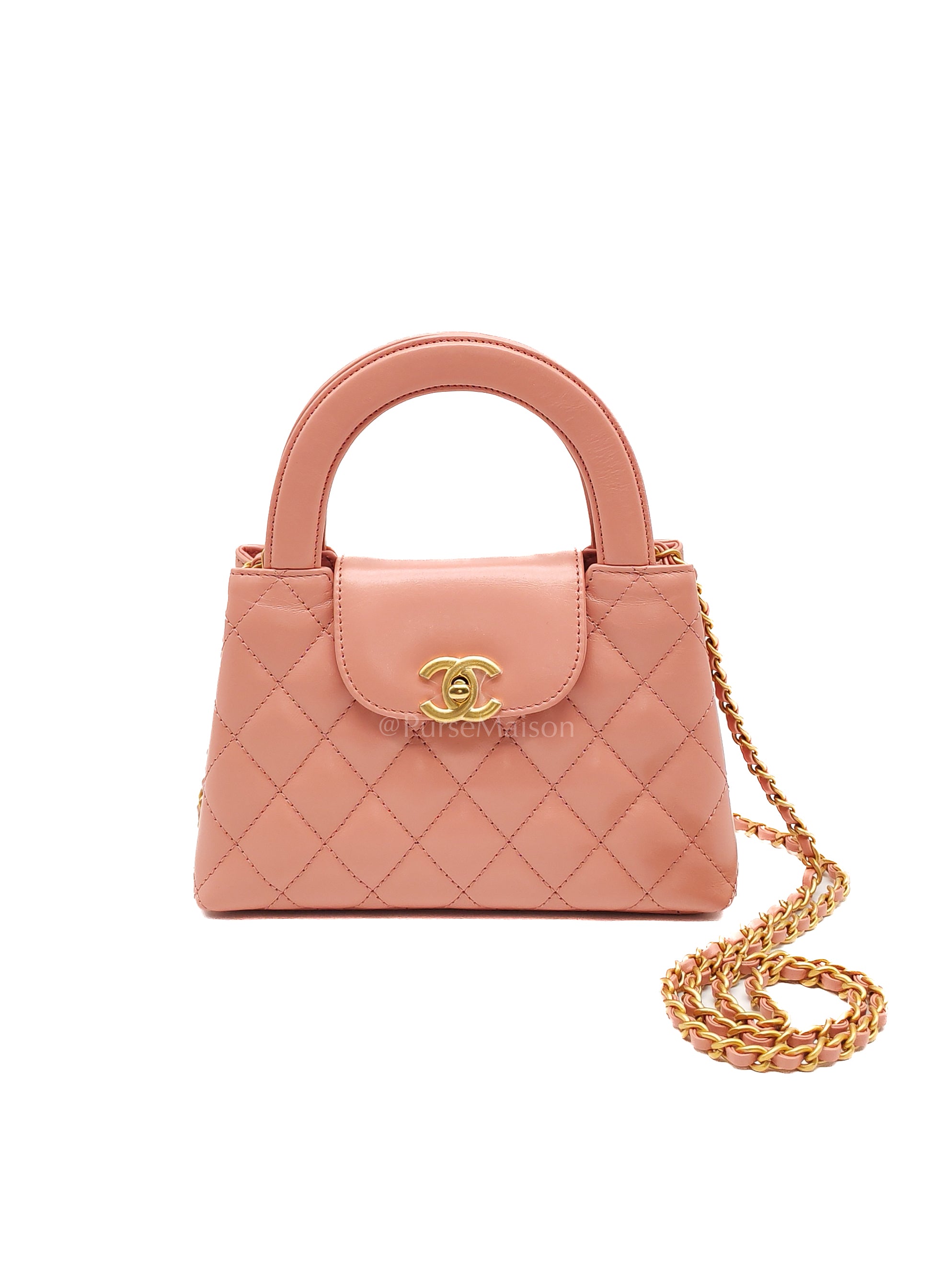 CC Kelly Small in Pink Shiny Calfskin Leather and Aged Gold Hardware (Microchip) | Purse Maison Luxury Bags Shop