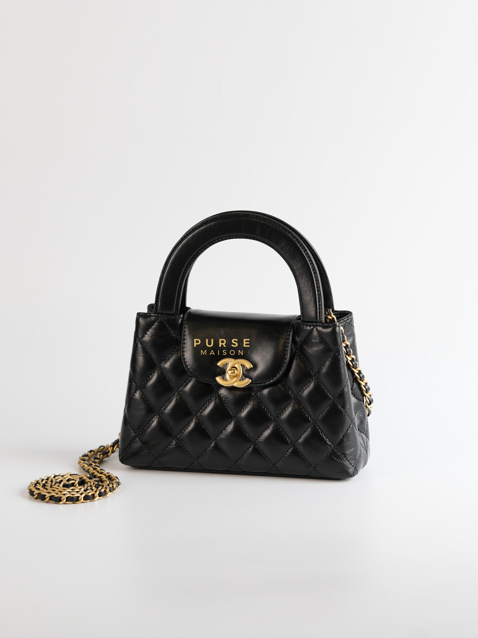 CC Kelly Small Shopping Bag Black Calfskin & Aged Gold Hardware (Microchip) | Purse Maison Luxury Bags Shop