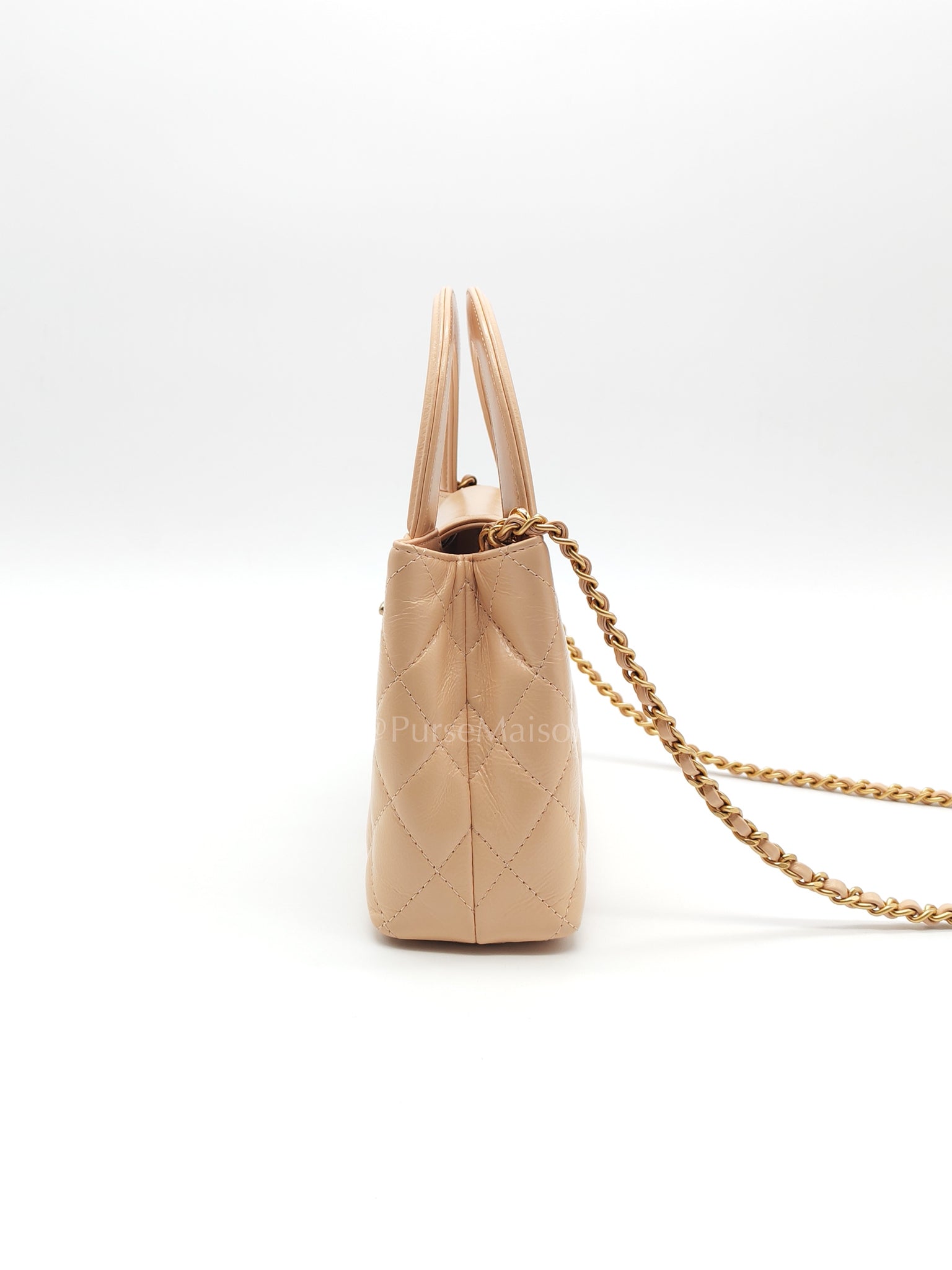 CC Kelly Shopping Bag in Beige Calfskin Leather and Aged Gold Hardware (Microchip) | Purse Maison Luxury Bags Shop