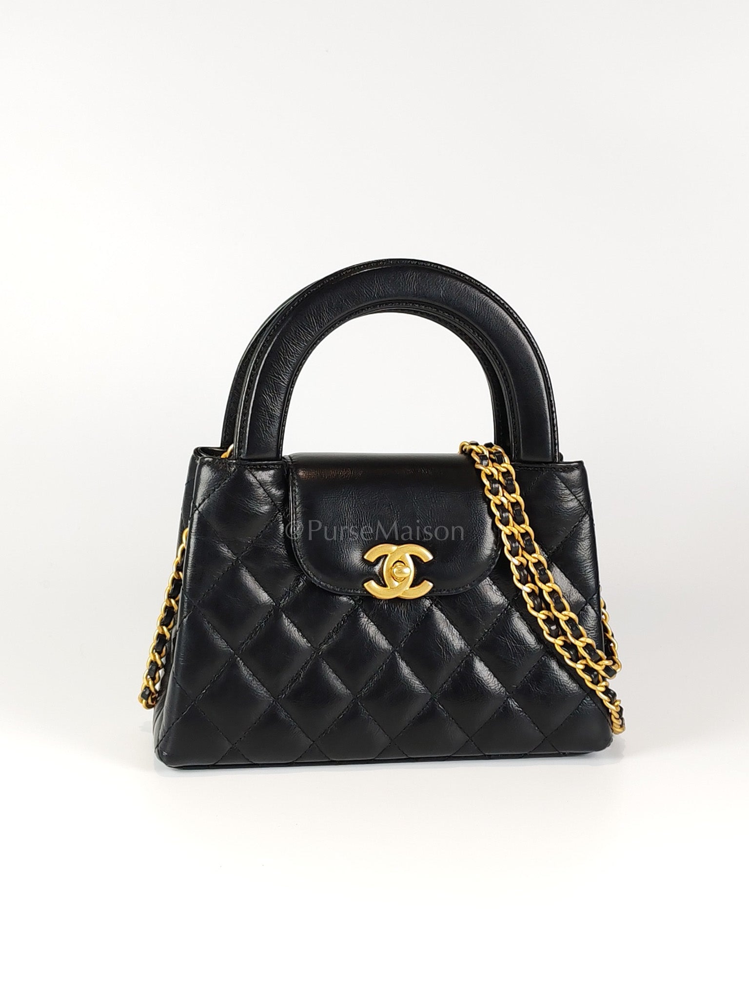 CC Kelly Small Shopping Bag in Black Calfskin and Aged Gold Hardware(Microchip) | Purse Maison Luxury Bags Shop