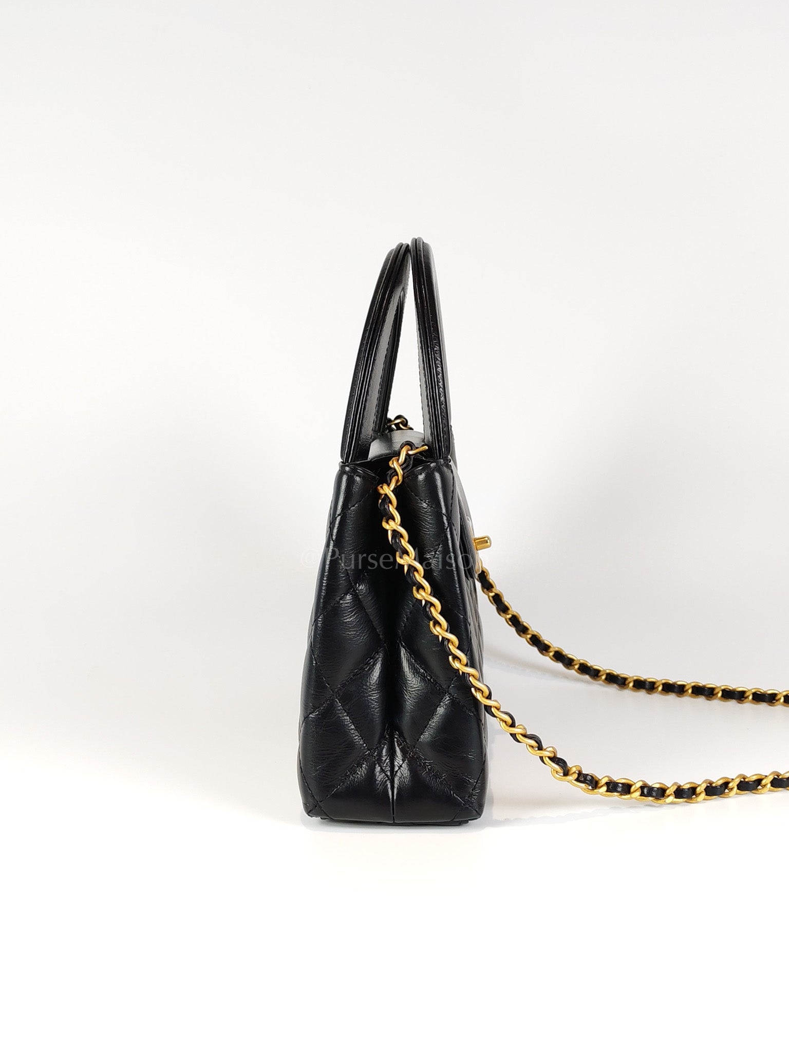CC Kelly Small Shopping Bag in Black Calfskin and Aged Gold Hardware(Microchip) | Purse Maison Luxury Bags Shop