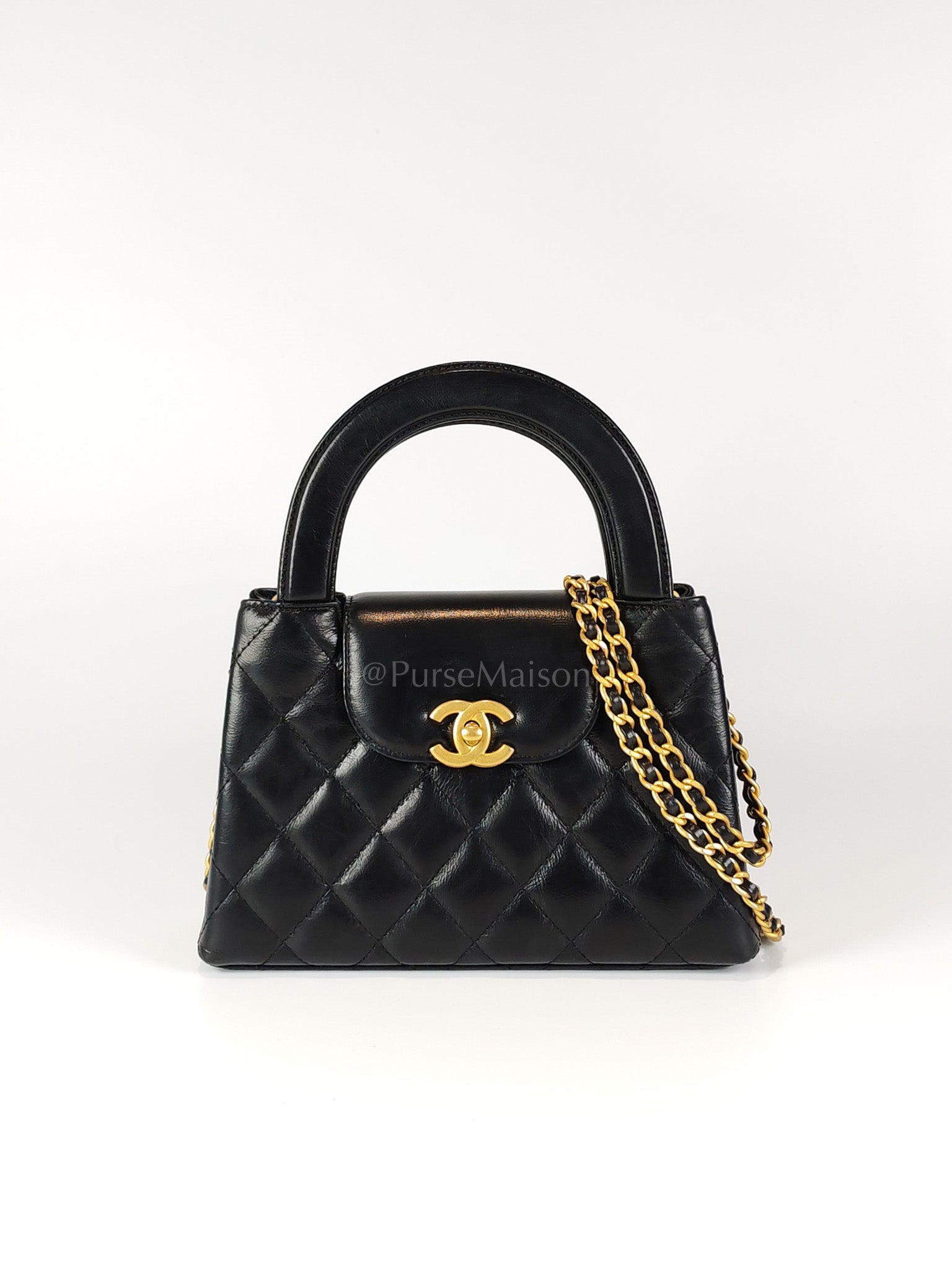 CC Kelly Small Shopping Bag in Black Calfskin and Aged Gold Hardware(Microchip) | Purse Maison Luxury Bags Shop