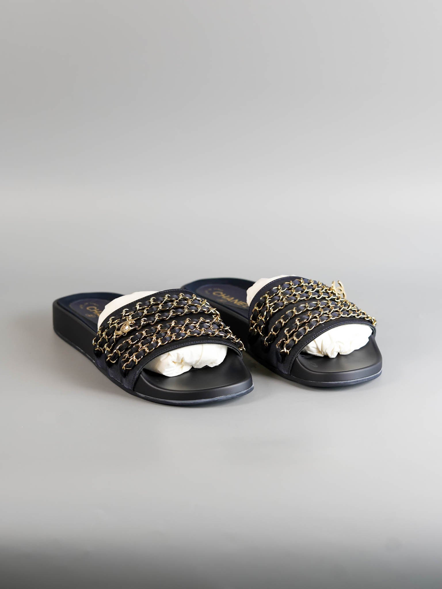 CC Navy Blue Satin Chain Slides Size 41 EU (27cm) | Purse Maison Luxury Bags Shop