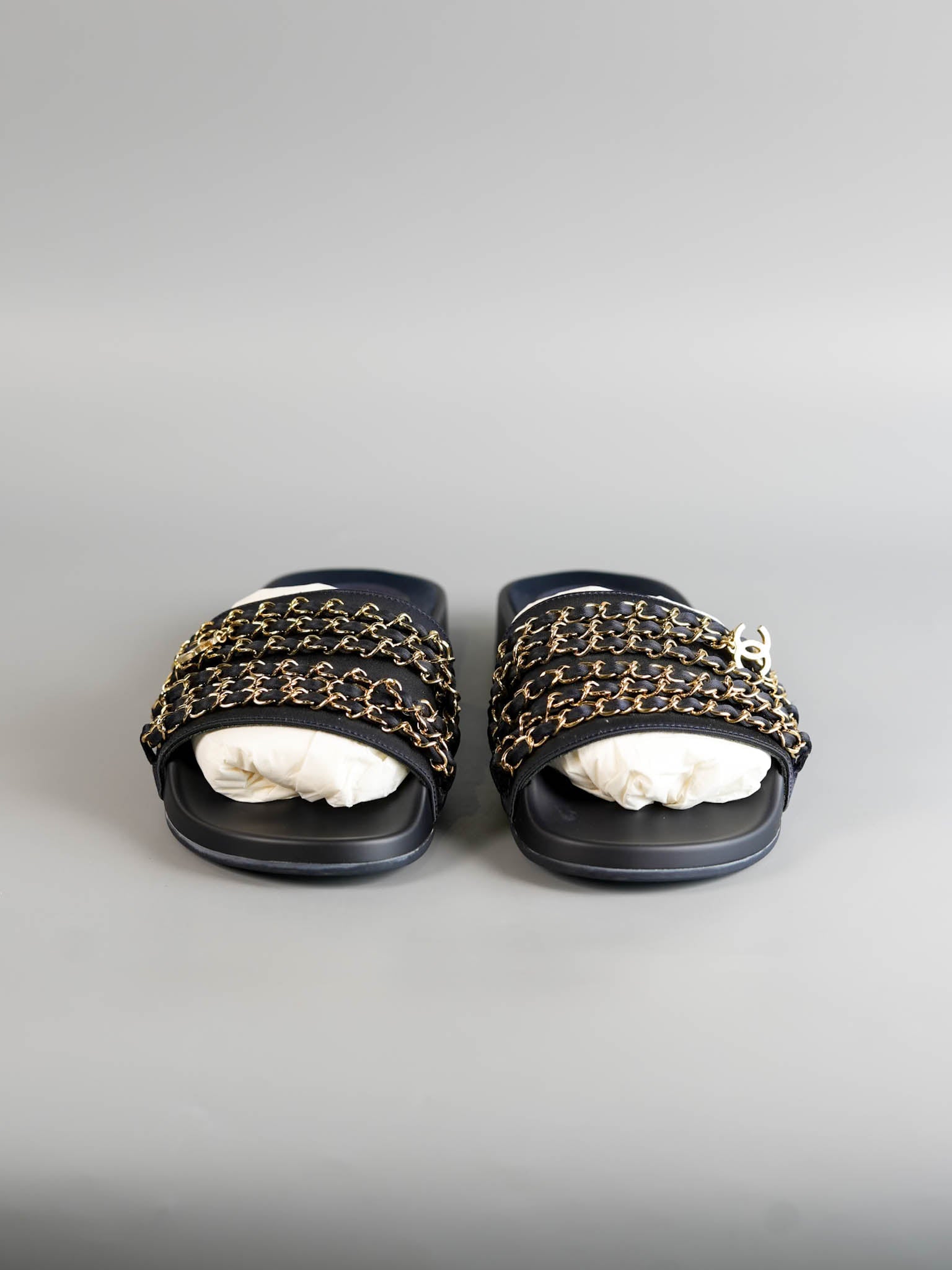 CC Navy Blue Satin Chain Slides Size 41 EU (27cm) | Purse Maison Luxury Bags Shop