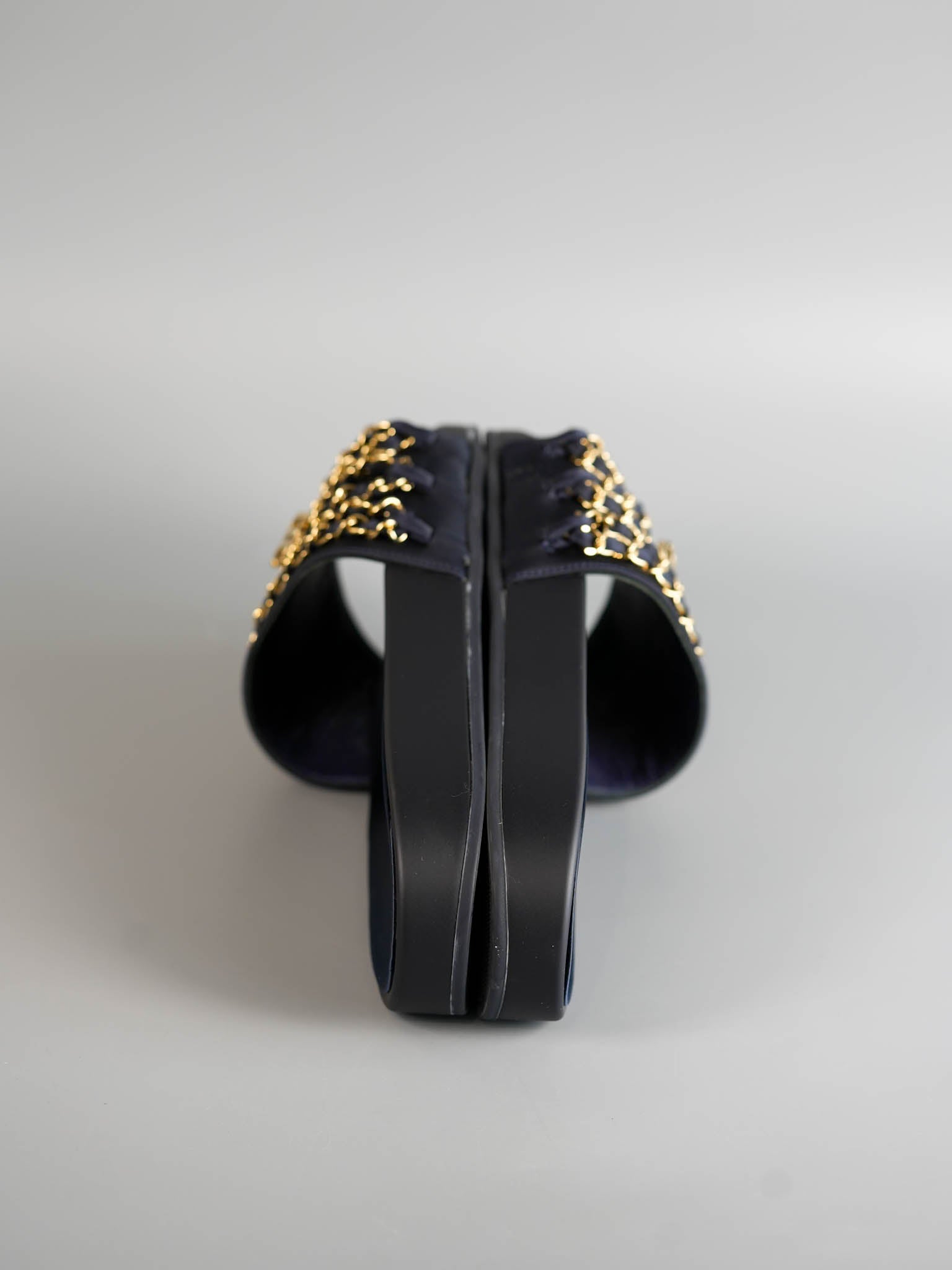 CC Navy Blue Satin Chain Slides Size 41 EU (27cm) | Purse Maison Luxury Bags Shop