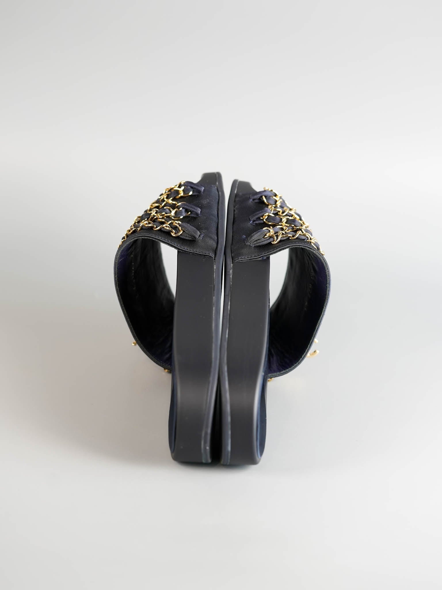 CC Navy Blue Satin Chain Slides Size 41 EU (27cm) | Purse Maison Luxury Bags Shop