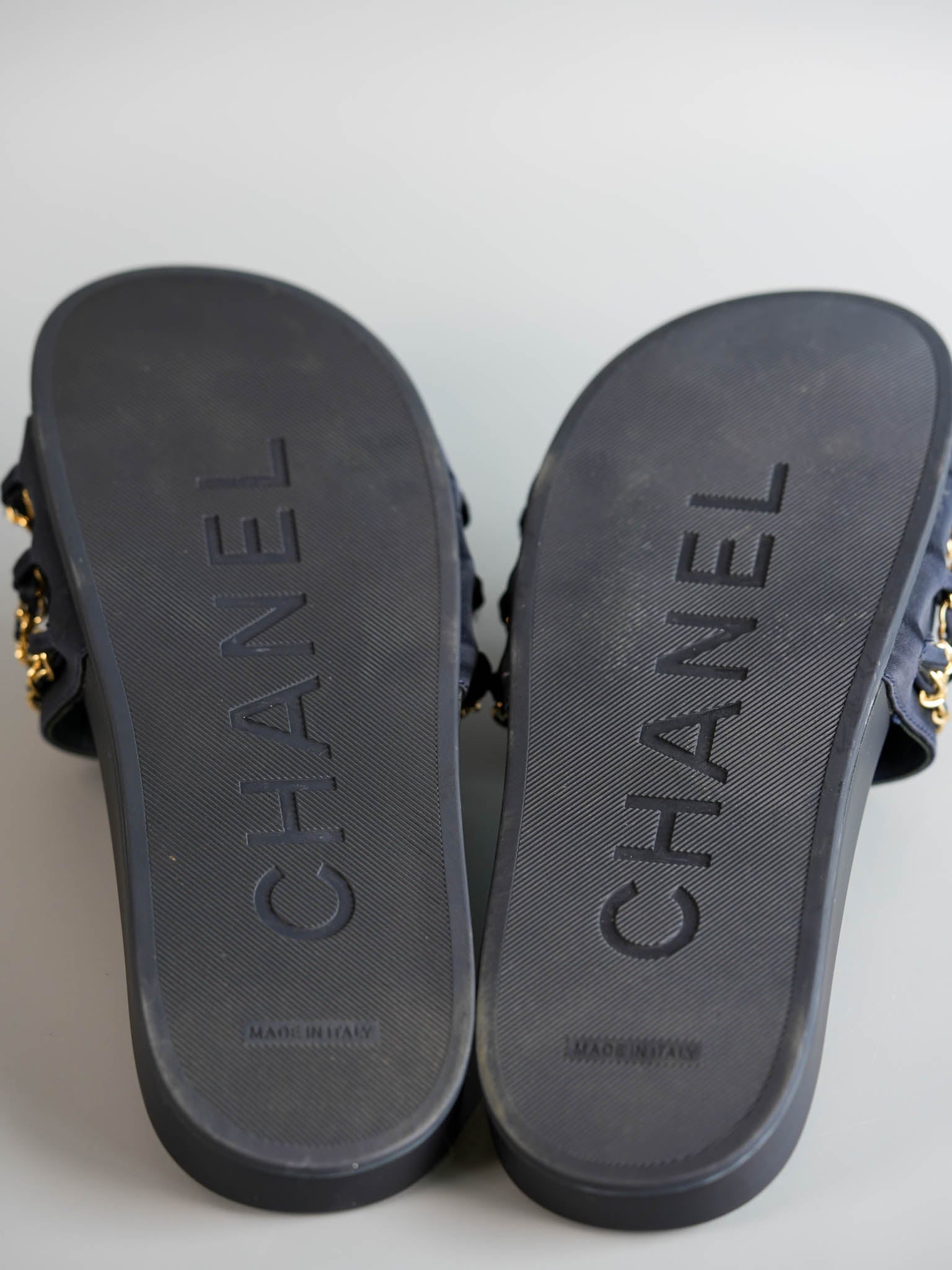 CC Navy Blue Satin Chain Slides Size 41 EU (27cm) | Purse Maison Luxury Bags Shop