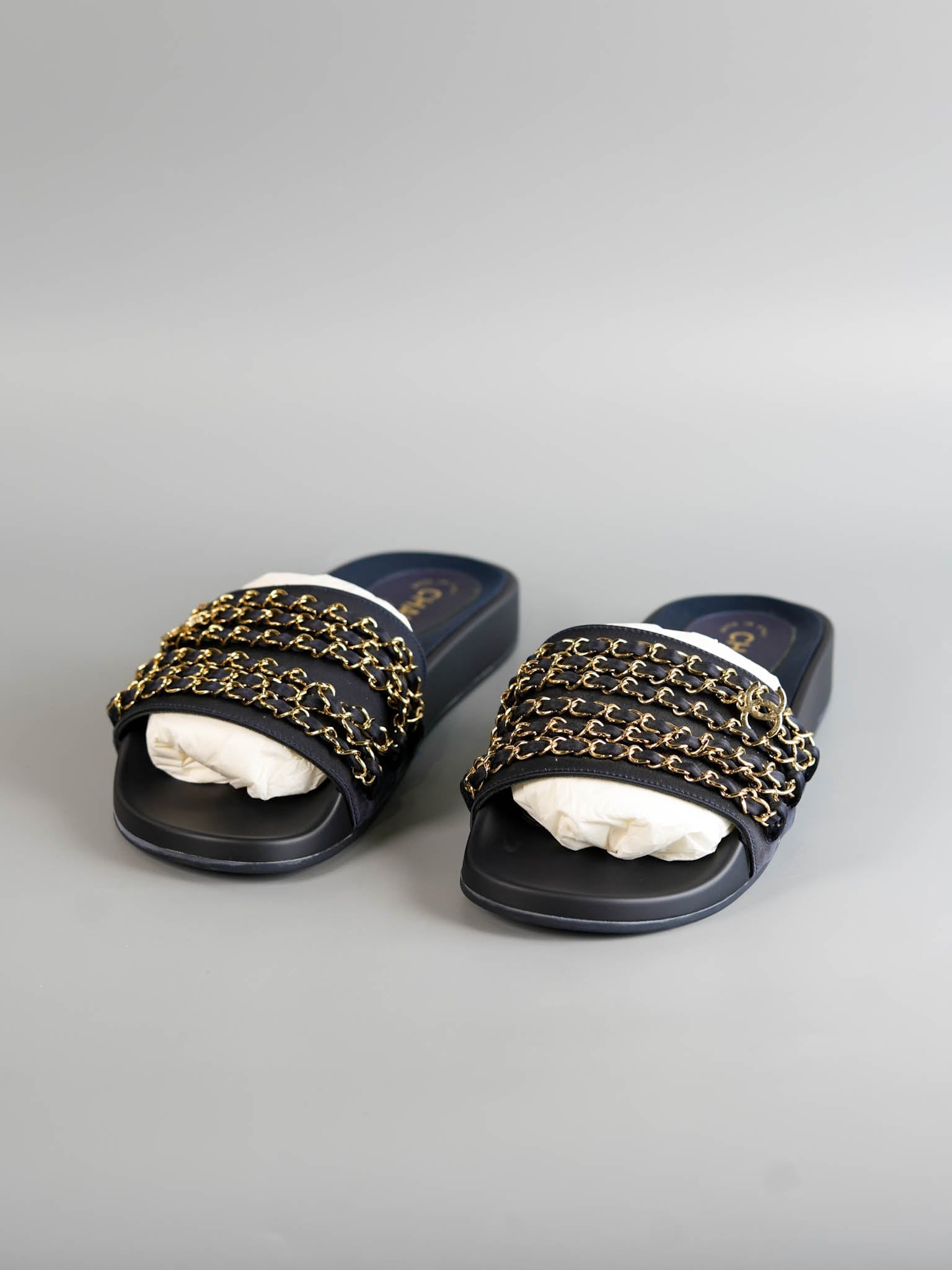 CC Navy Blue Satin Chain Slides Size 41 EU (27cm) | Purse Maison Luxury Bags Shop