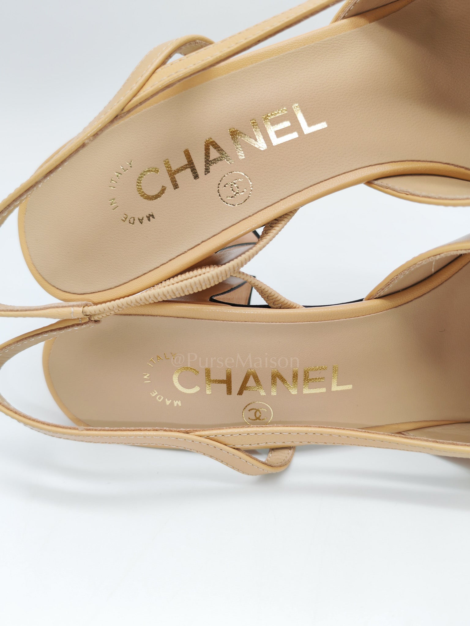 CC Slingback Pumps in Beige Lambskin Leather & Black Cap Toe Canvas Size 37 EU(23.5 cm) | Purse Maison Luxury Bags Shop