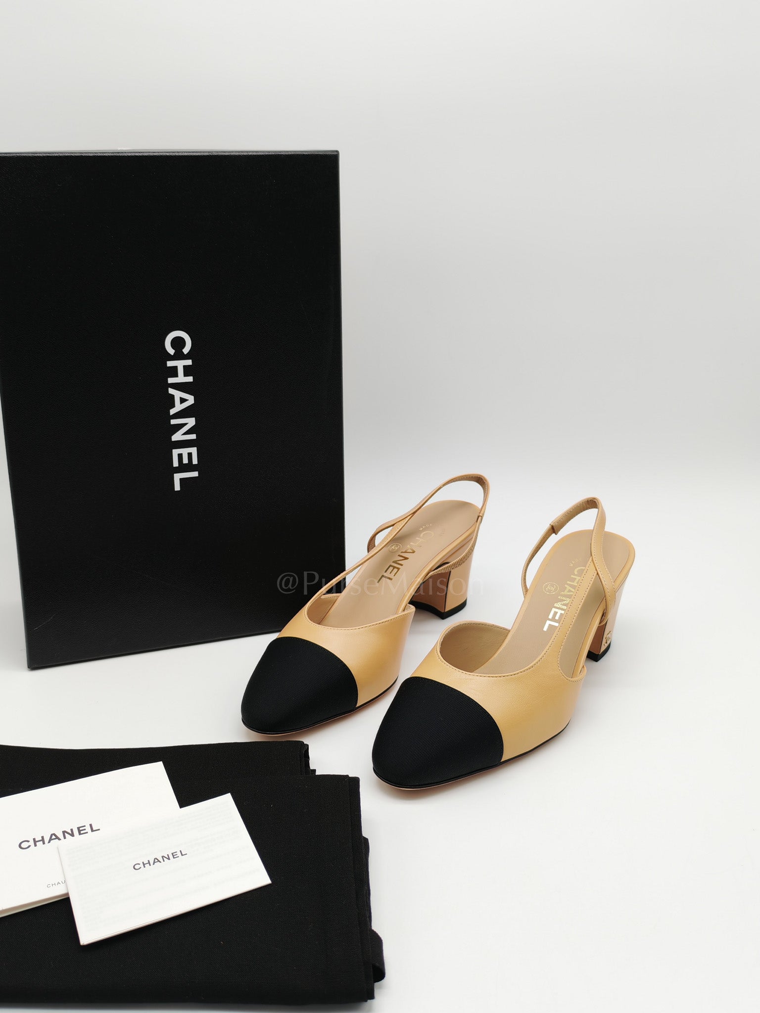 CC Slingback Pumps in Beige Lambskin Leather & Black Cap Toe Canvas Size 37 EU(23.5 cm) | Purse Maison Luxury Bags Shop