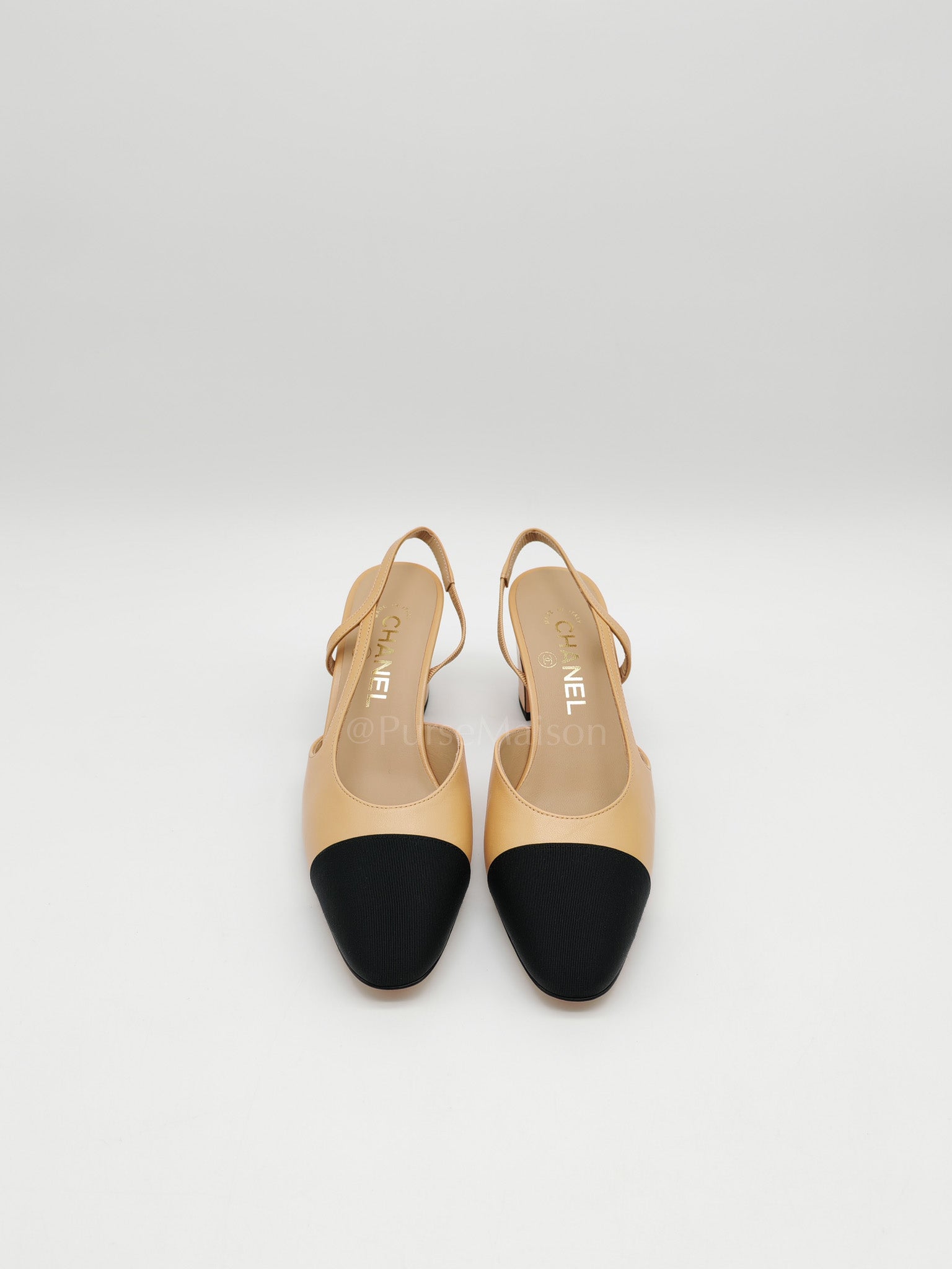 CC Slingback Pumps in Beige Lambskin Leather & Black Cap Toe Canvas Size 37 EU(23.5 cm) | Purse Maison Luxury Bags Shop