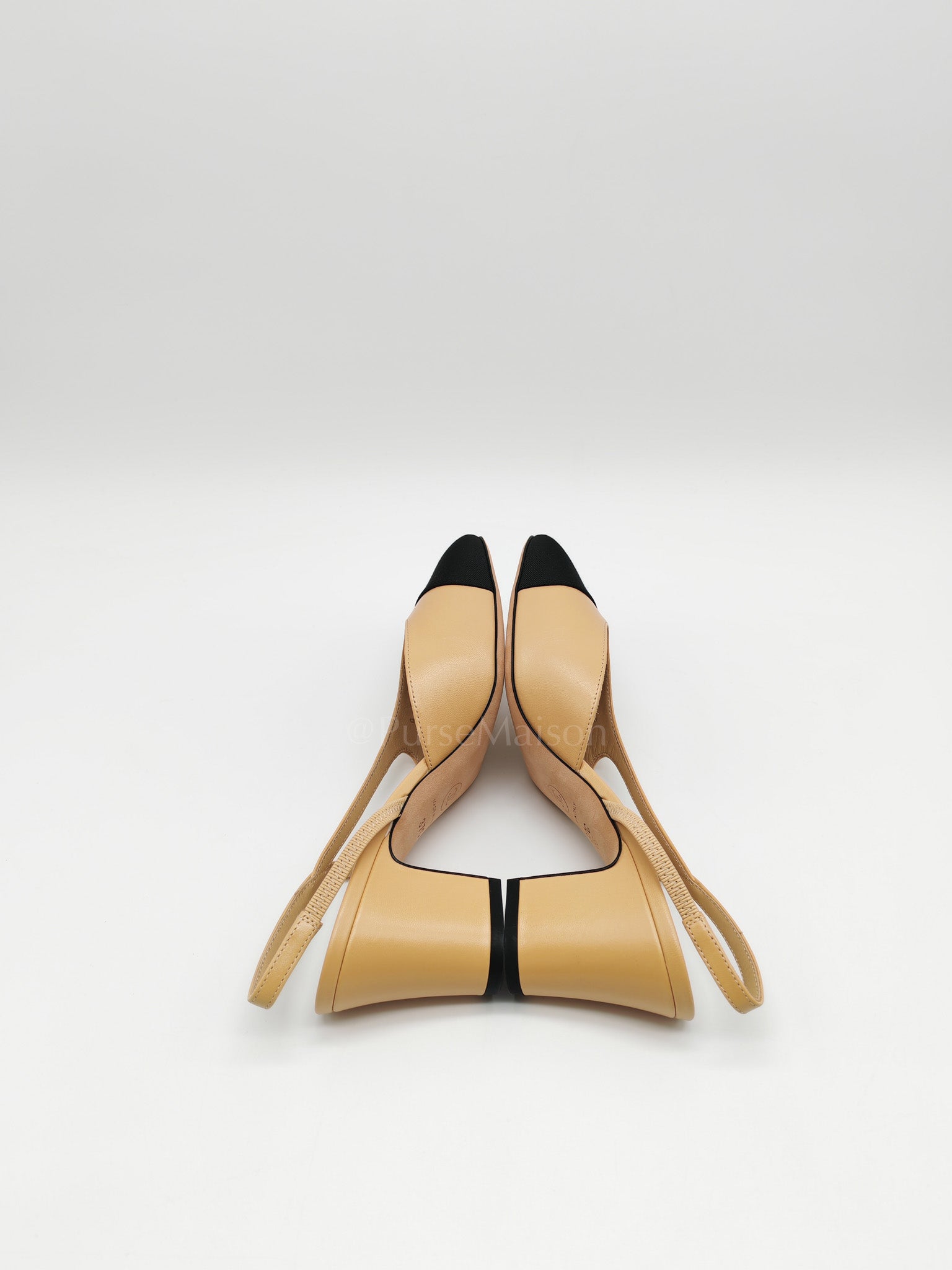 CC Slingback Pumps in Beige Lambskin Leather & Black Cap Toe Canvas Size 37 EU(23.5 cm) | Purse Maison Luxury Bags Shop