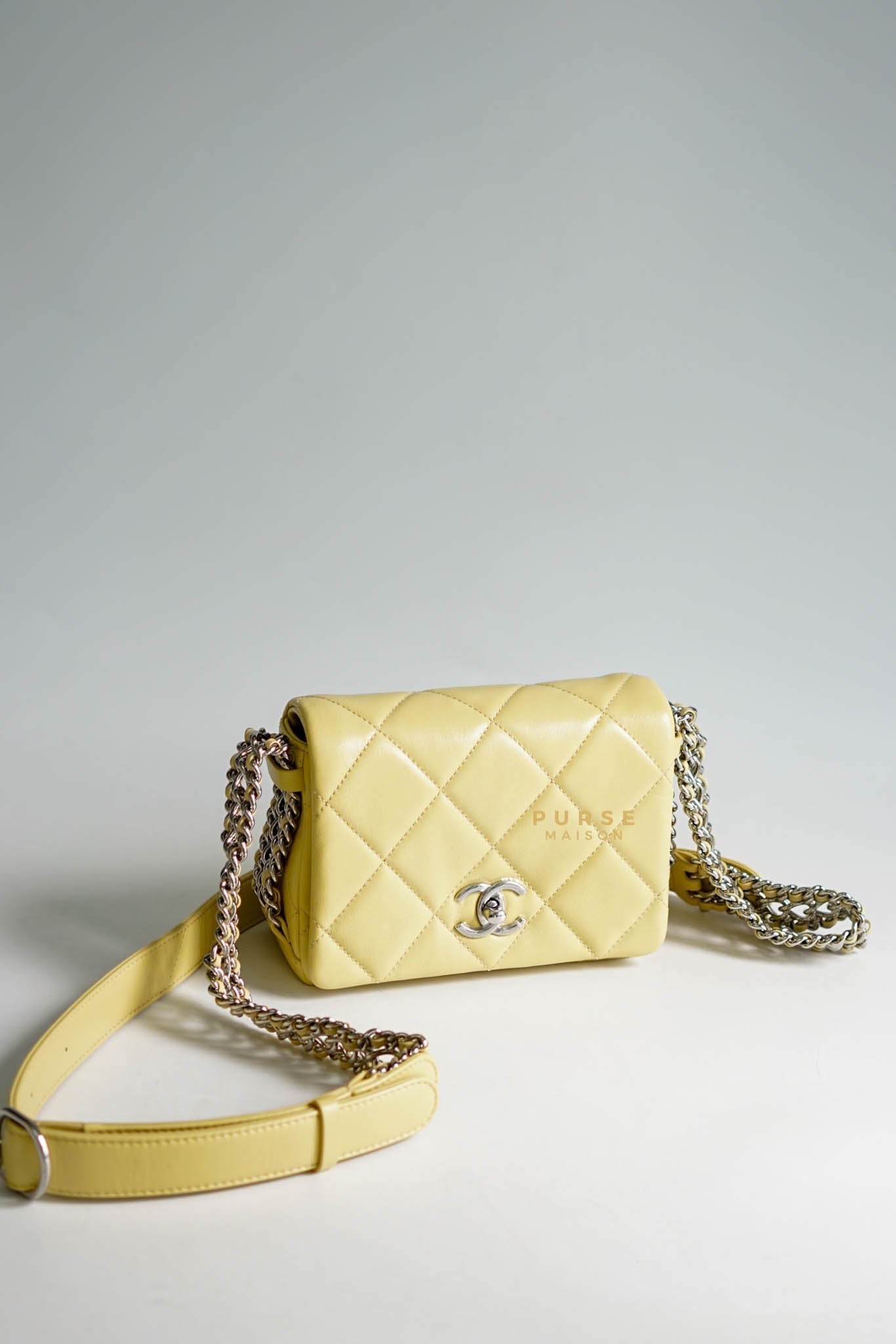 Chanel CC Triple Chain Full Flap Bag in Yellow Quilted Lambskin and Silver Hardware (Microchip) | Purse Maison Luxury Bags Shop