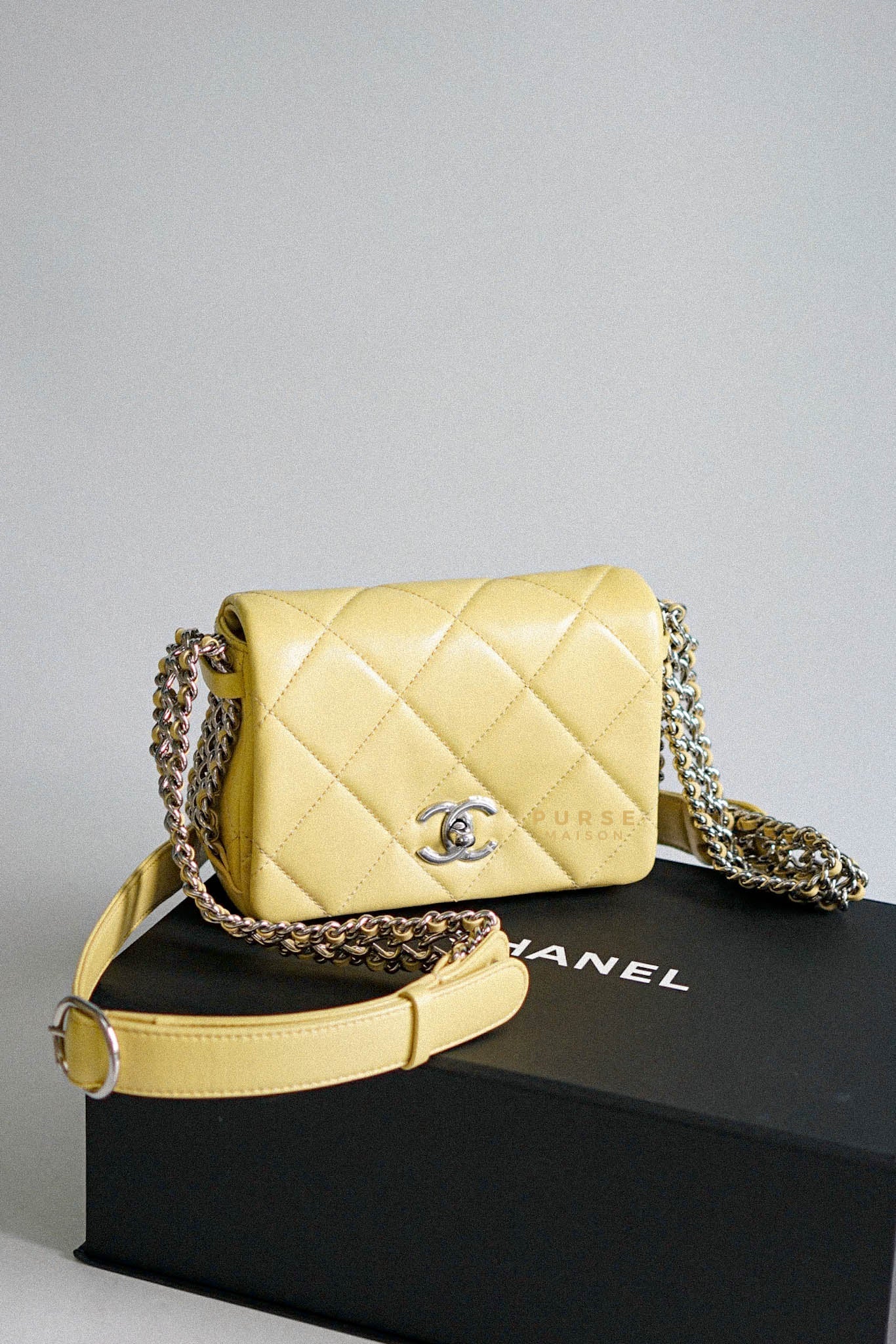 Chanel CC Triple Chain Full Flap Bag in Yellow Quilted Lambskin and Silver Hardware (Microchip) | Purse Maison Luxury Bags Shop