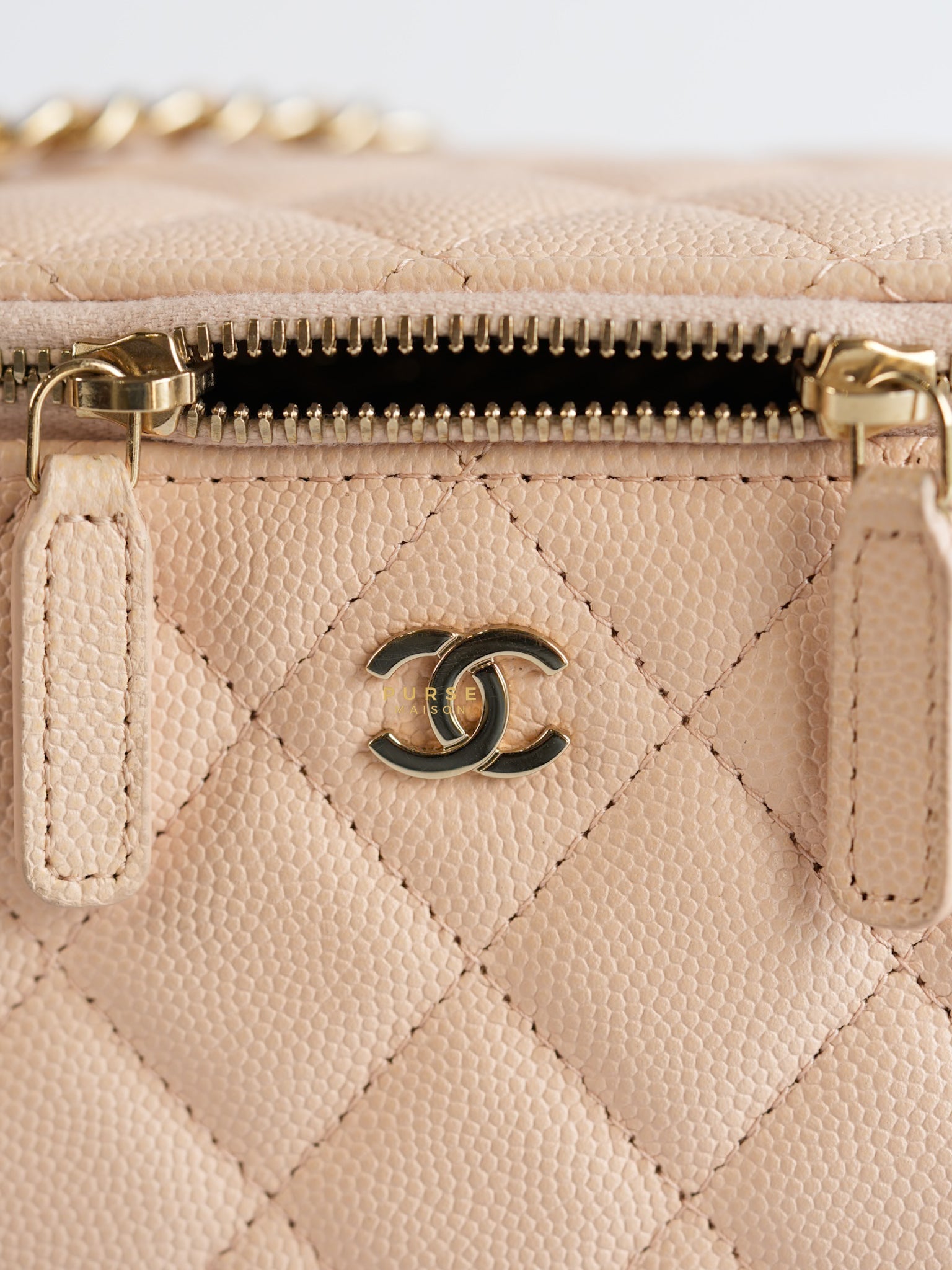 CC Vanity with Chain in Light Beige Quilted Caviar Leather and Light Gold Hardware Series 31 | Purse Maison Luxury Bags Shop