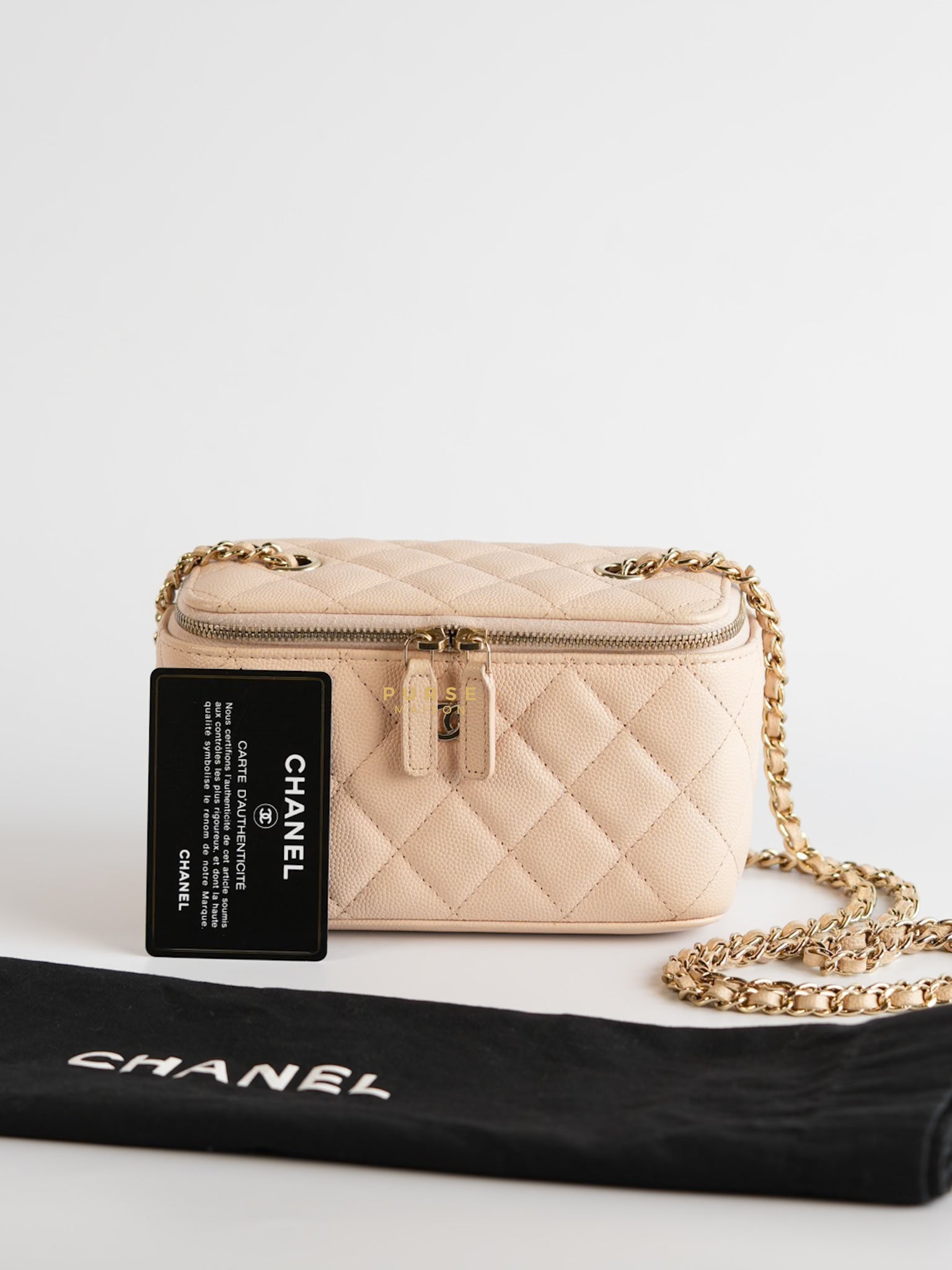 CC Vanity with Chain in Light Beige Quilted Caviar Leather and Light Gold Hardware Series 31 | Purse Maison Luxury Bags Shop