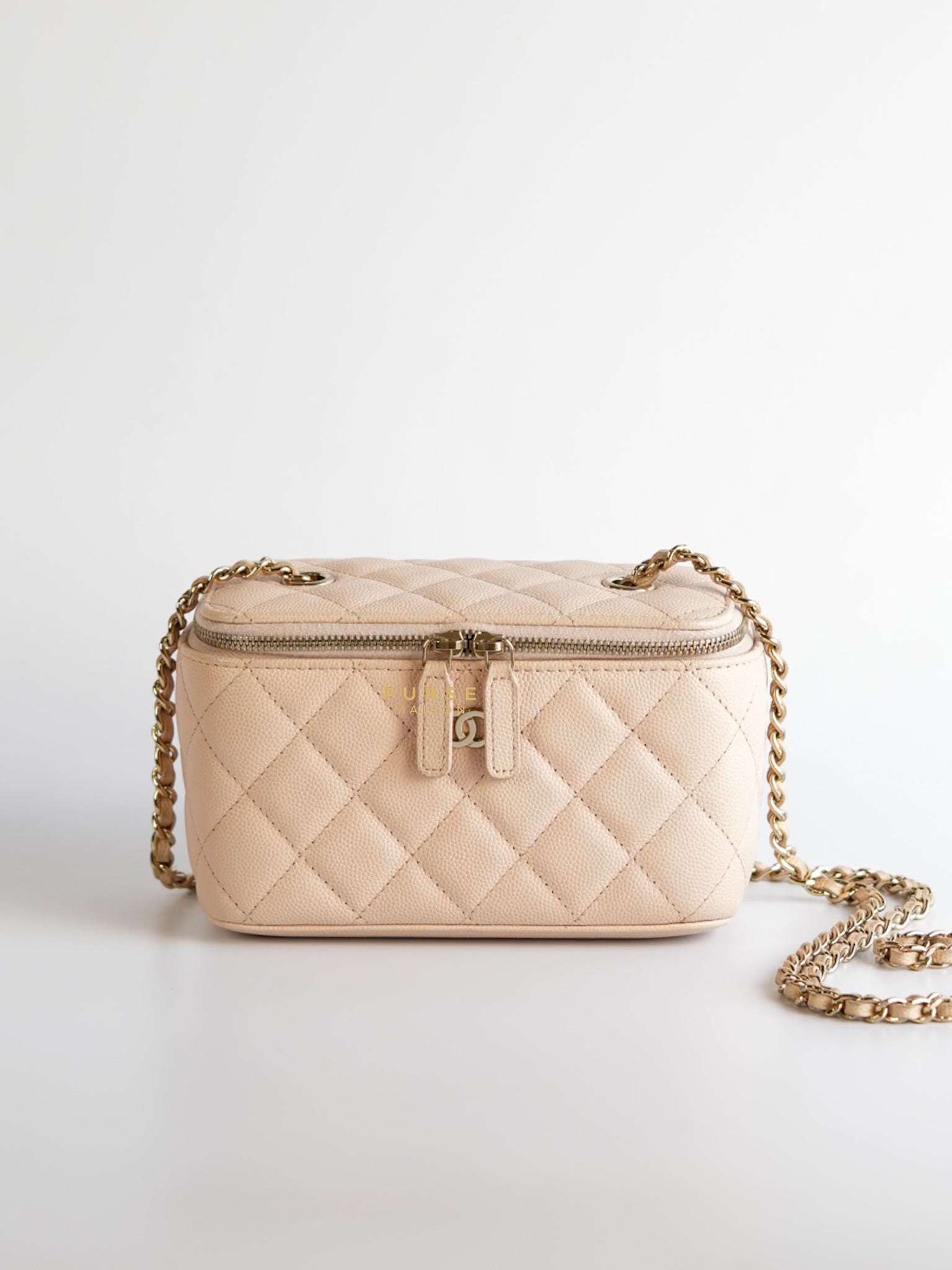 CC Vanity with Chain in Light Beige Quilted Caviar Leather and Light Gold Hardware Series 31 | Purse Maison Luxury Bags Shop