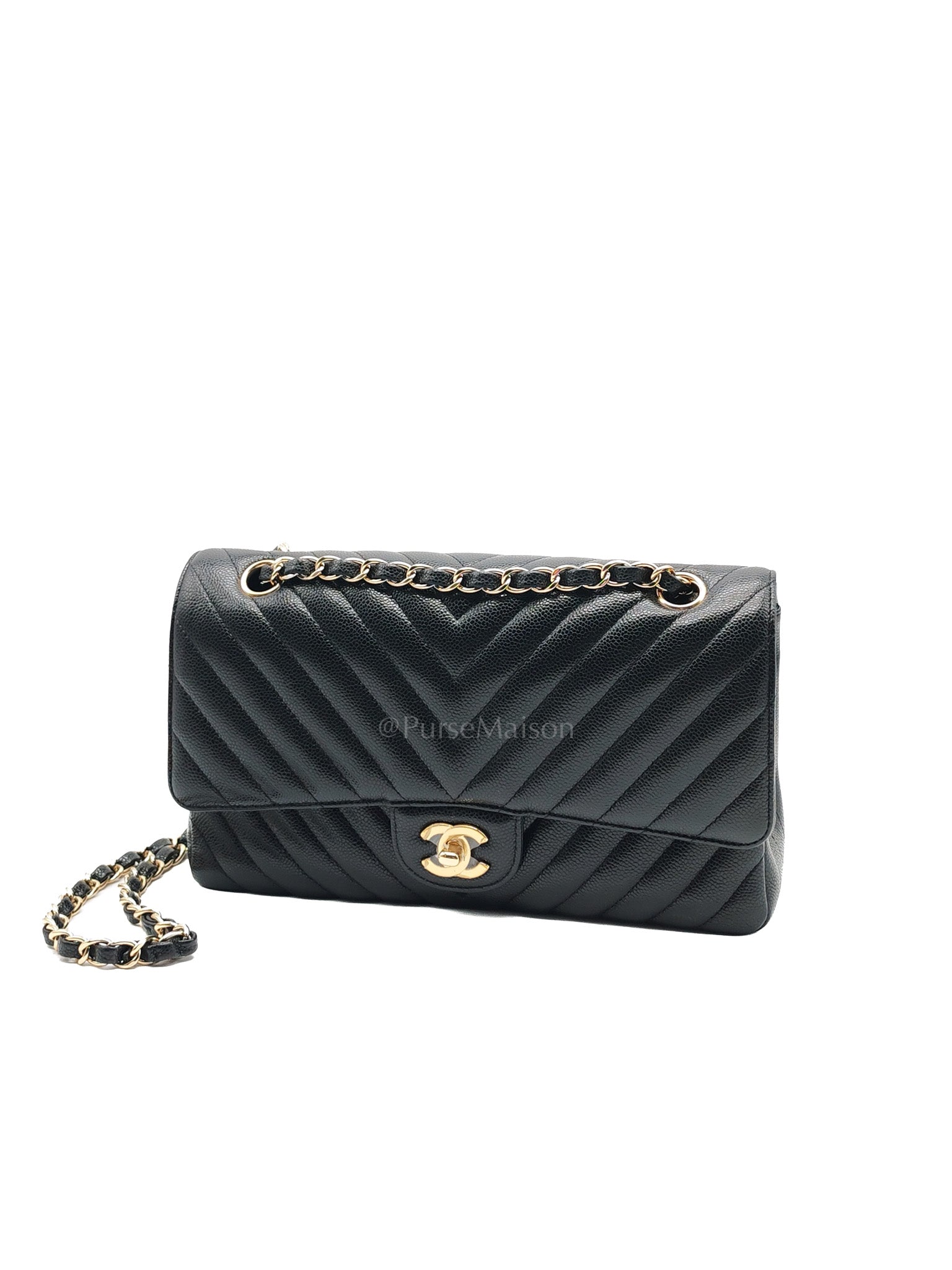 Classic Double Flap in Black Chevron Caviar Leather & Gold Hardware Medium Series 30