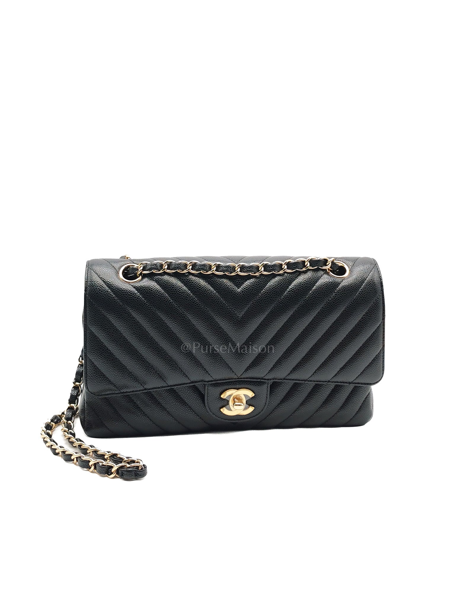 Classic Double Flap in Black Chevron Caviar Leather & Gold Hardware Medium Series 30
