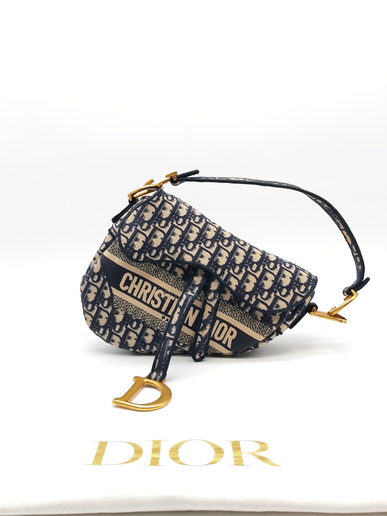 Saddle Bag Medium in Blue Oblique Jacquard Canvas & Aged Gold Hardware