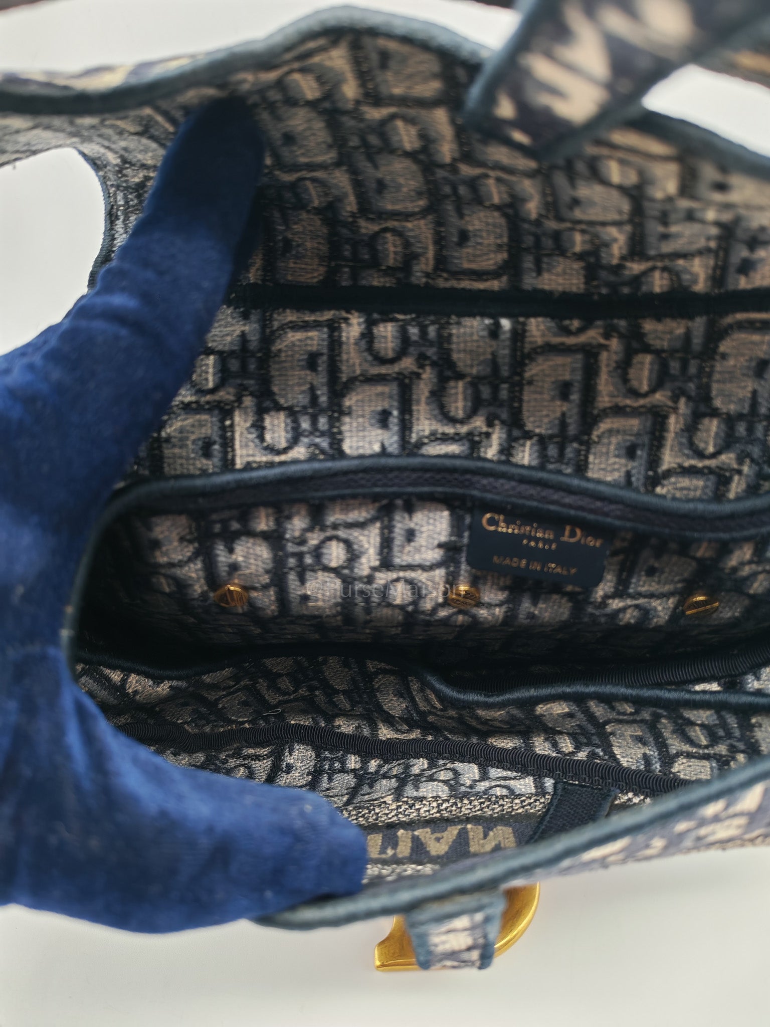 Saddle Bag Medium in Blue Oblique Jacquard Canvas & Aged Gold Hardware