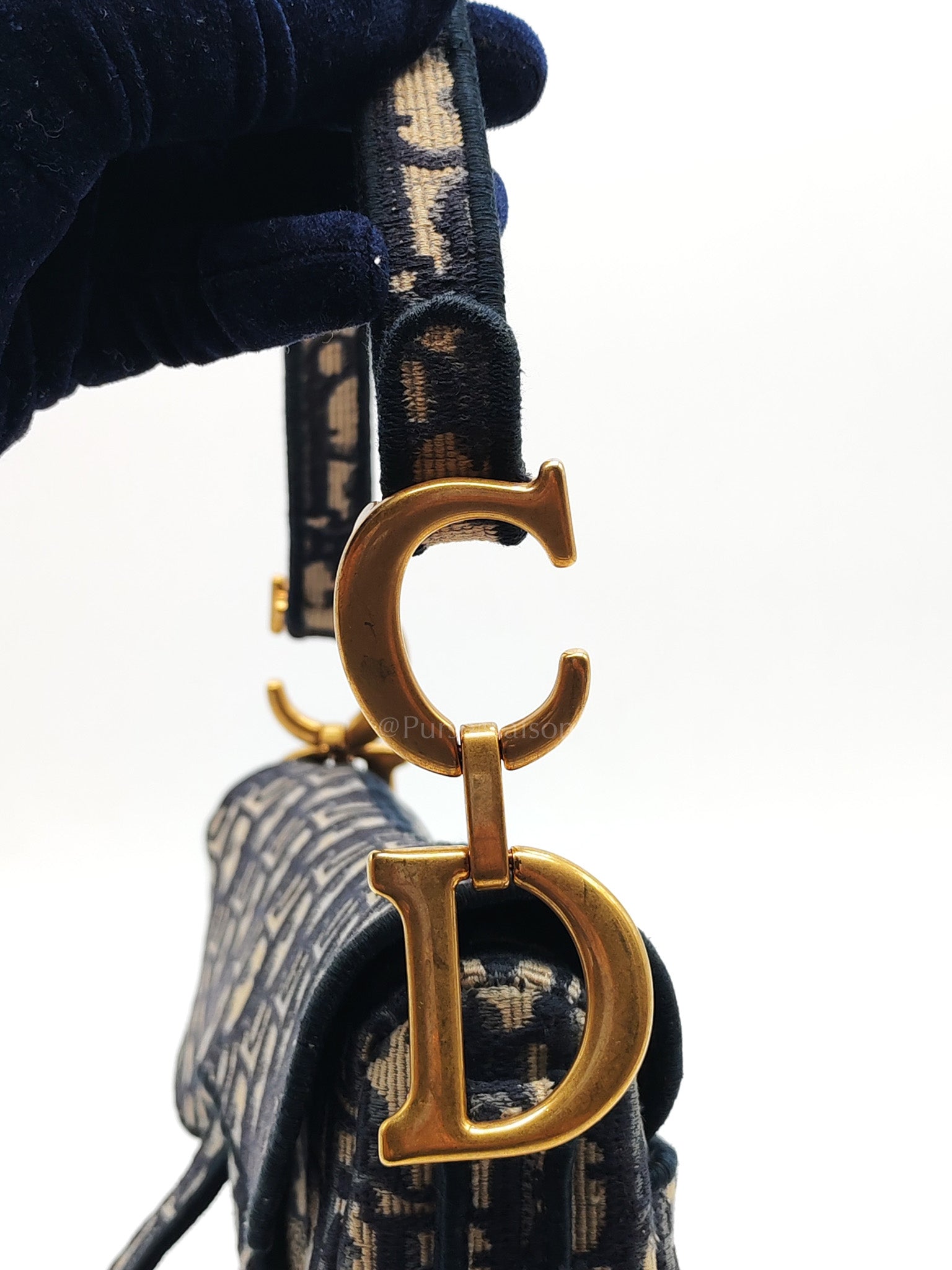 Saddle Bag Medium in Blue Oblique Jacquard Canvas & Aged Gold Hardware