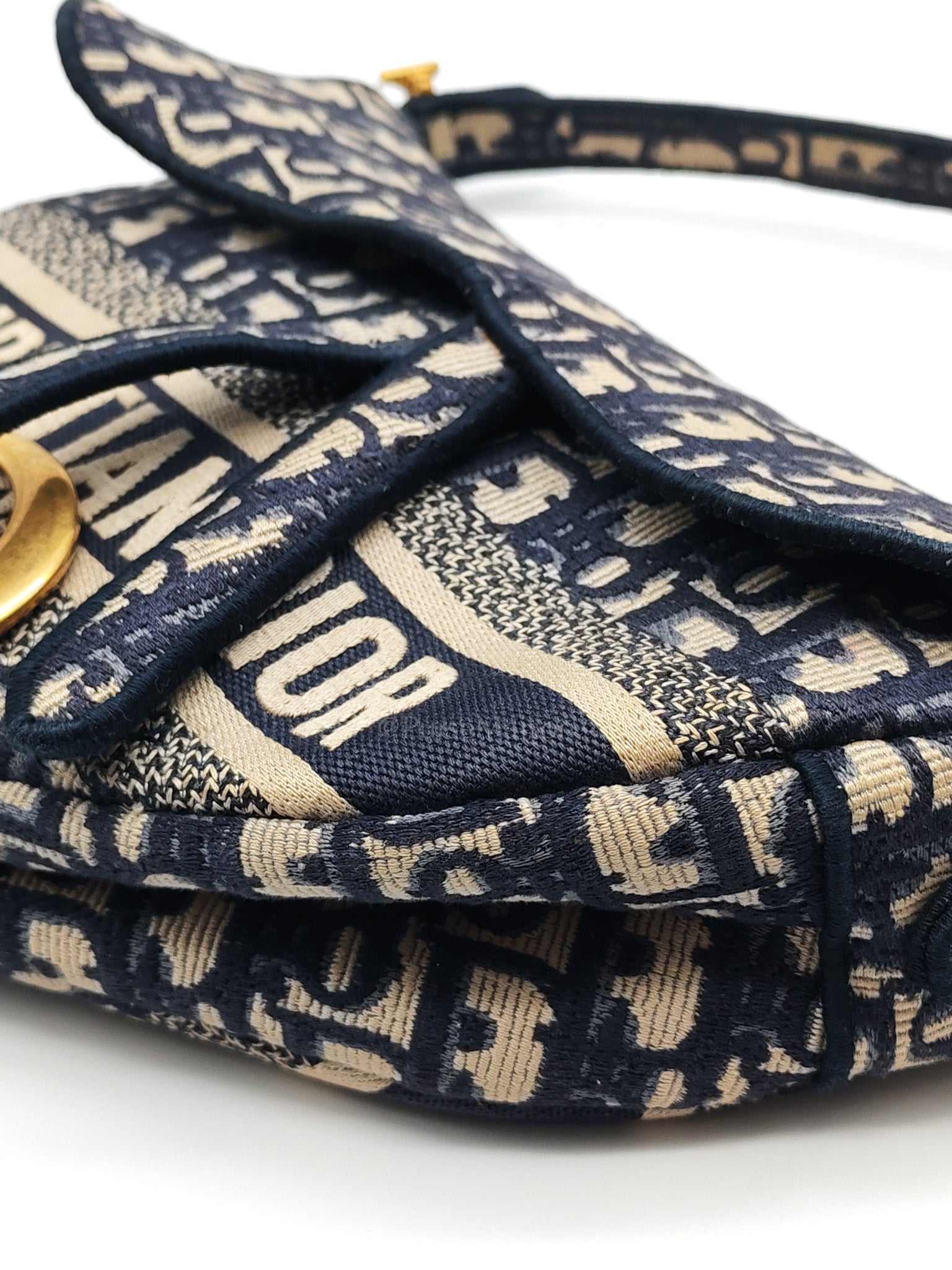 Saddle Bag Medium in Blue Oblique Jacquard Canvas & Aged Gold Hardware