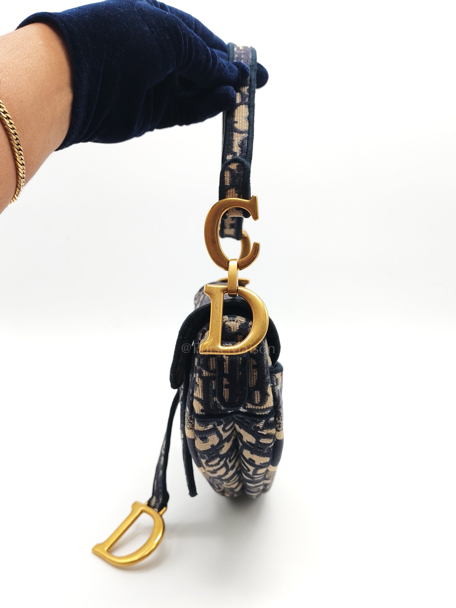 Saddle Bag Medium in Blue Oblique Jacquard Canvas & Aged Gold Hardware
