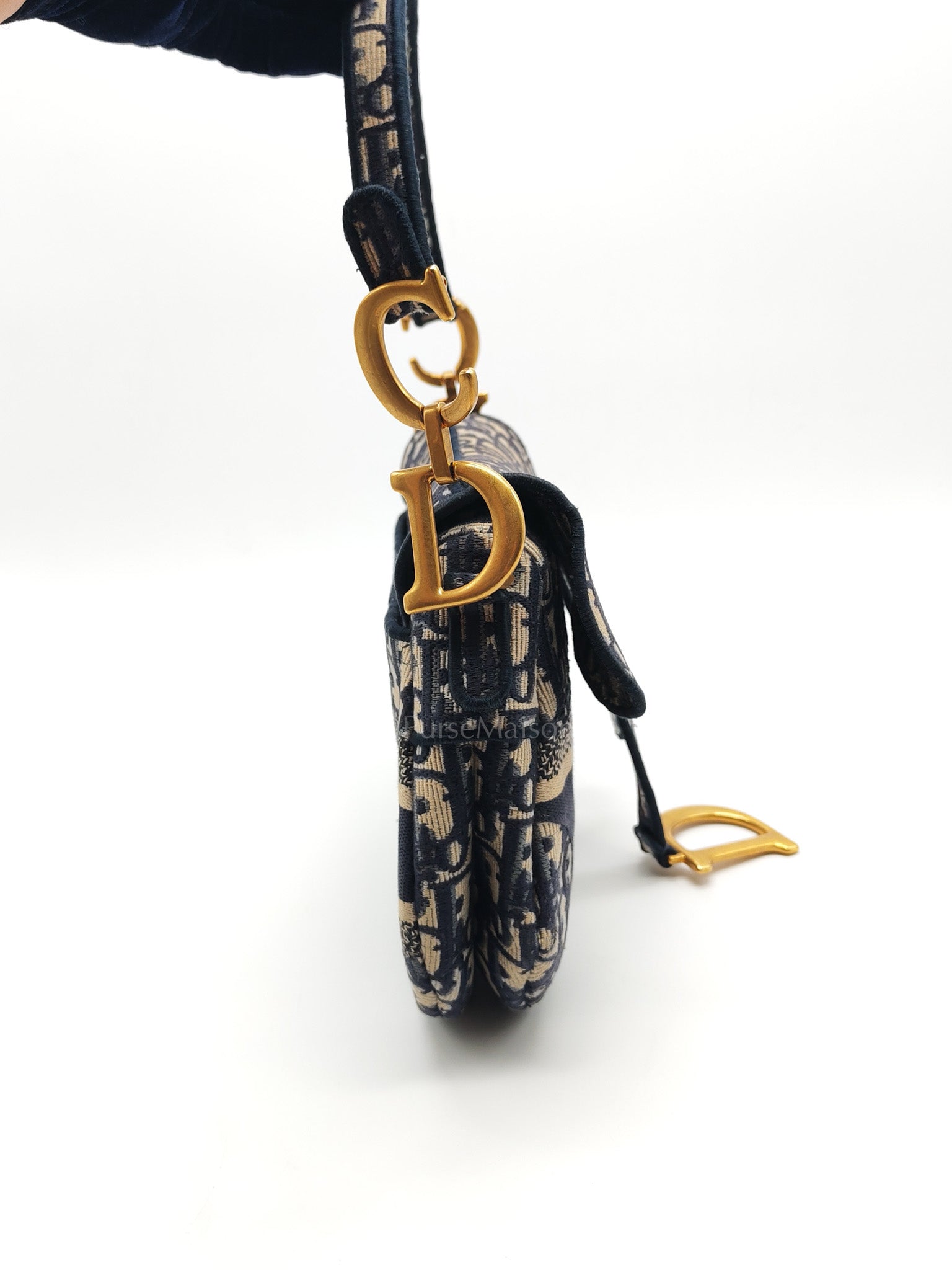Saddle Bag Medium in Blue Oblique Jacquard Canvas & Aged Gold Hardware