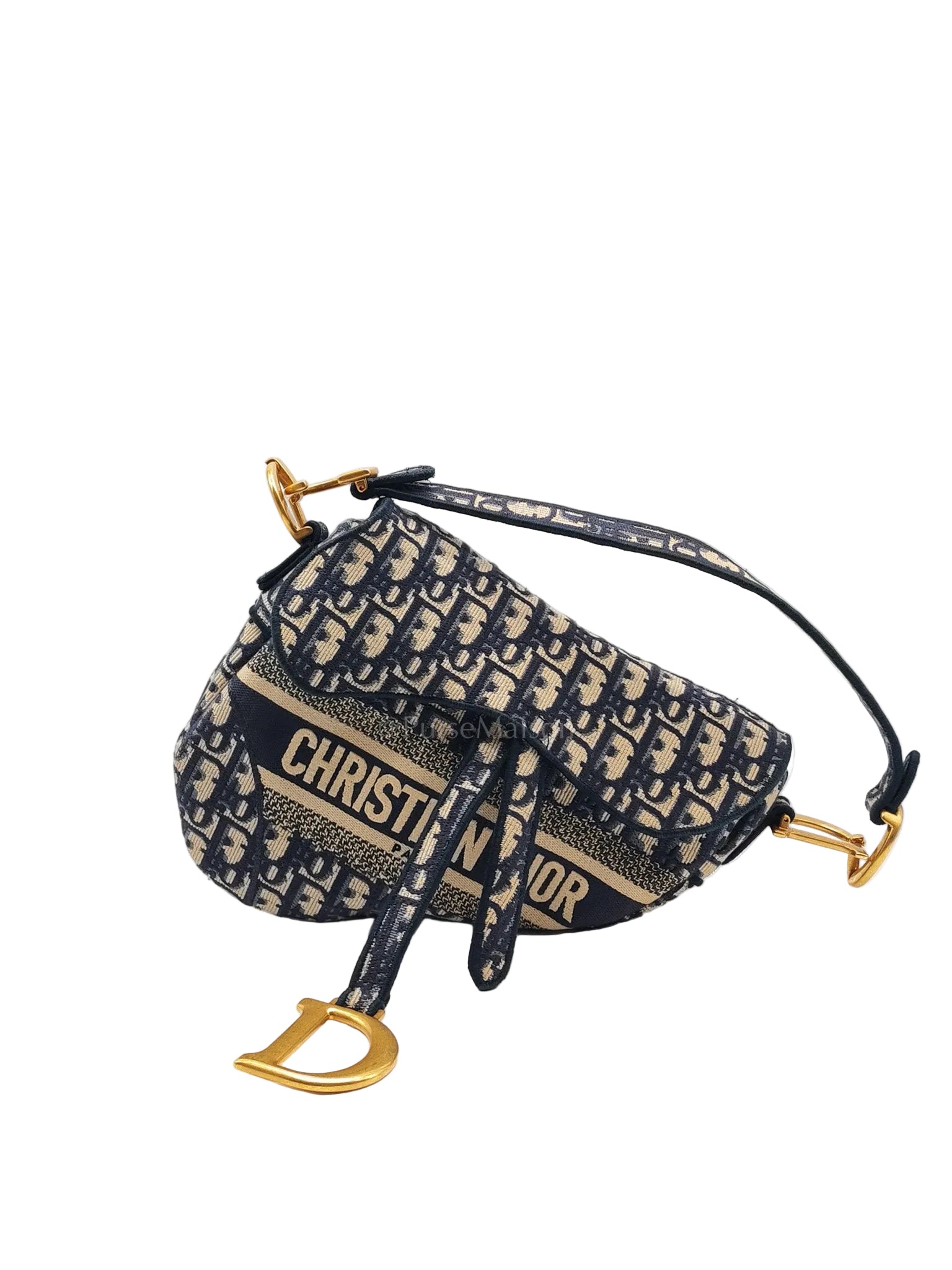 Saddle Bag Medium in Blue Oblique Jacquard Canvas & Aged Gold Hardware