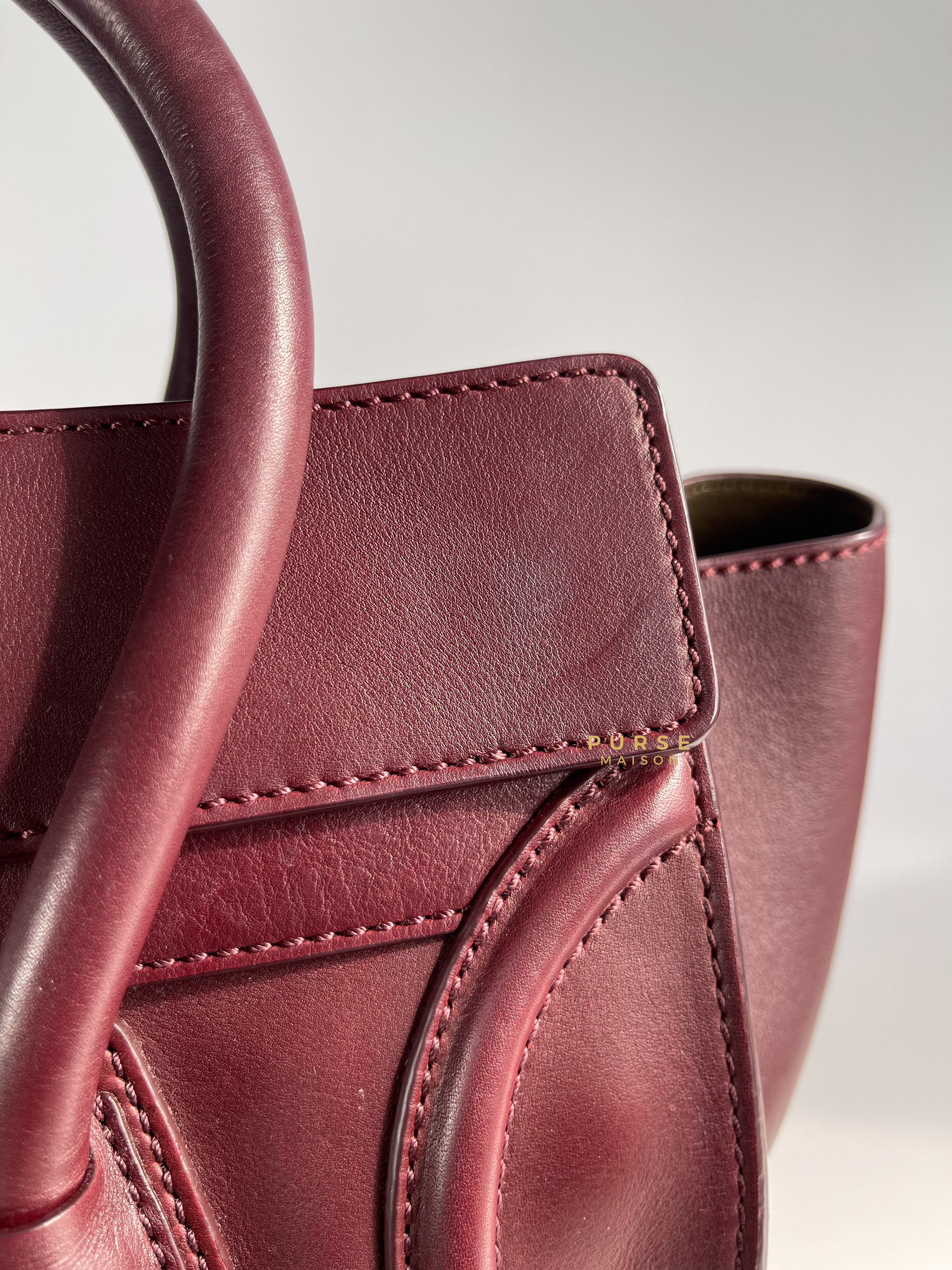 Celine Burgundy Smooth Calfskin Leather Mini Luggage Tote Bag | Purse Maison Luxury Bags Shop
