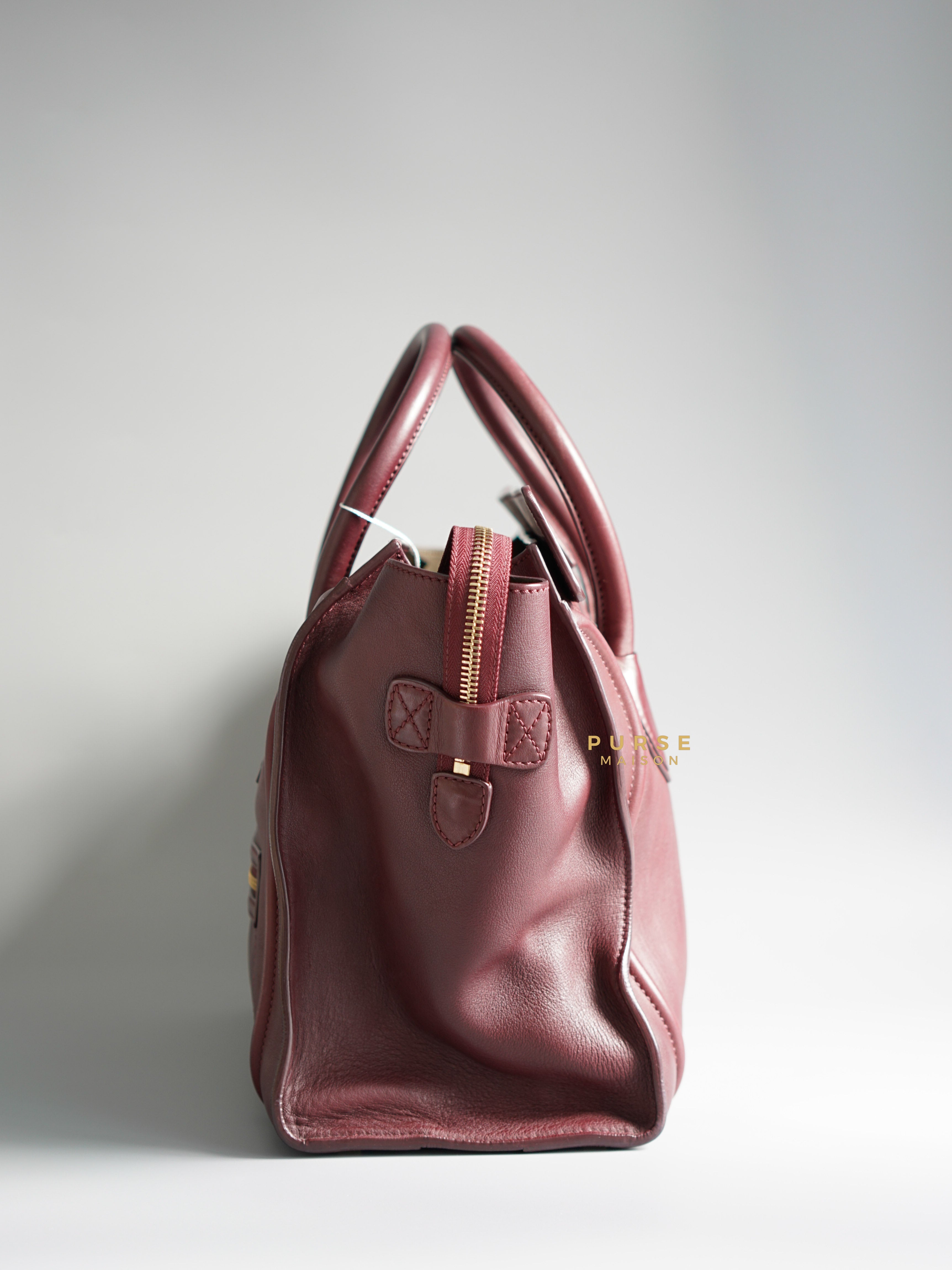 Celine Burgundy Smooth Calfskin Leather Mini Luggage Tote Bag | Purse Maison Luxury Bags Shop