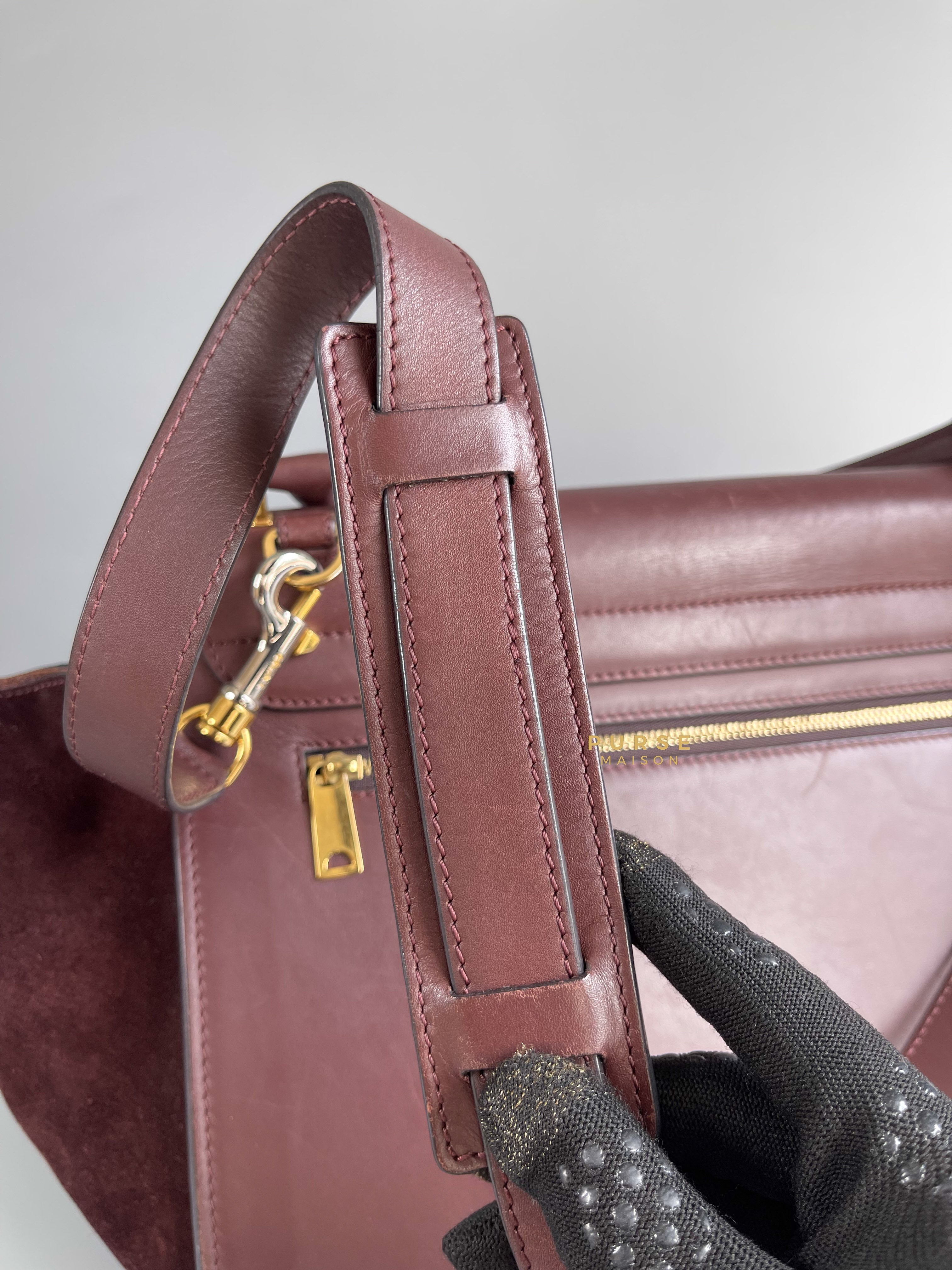 Celine Burgundy Smooth Calfskin Suede Medium Trapeze Long Strap Bag | Purse Maison Luxury Bags Shop