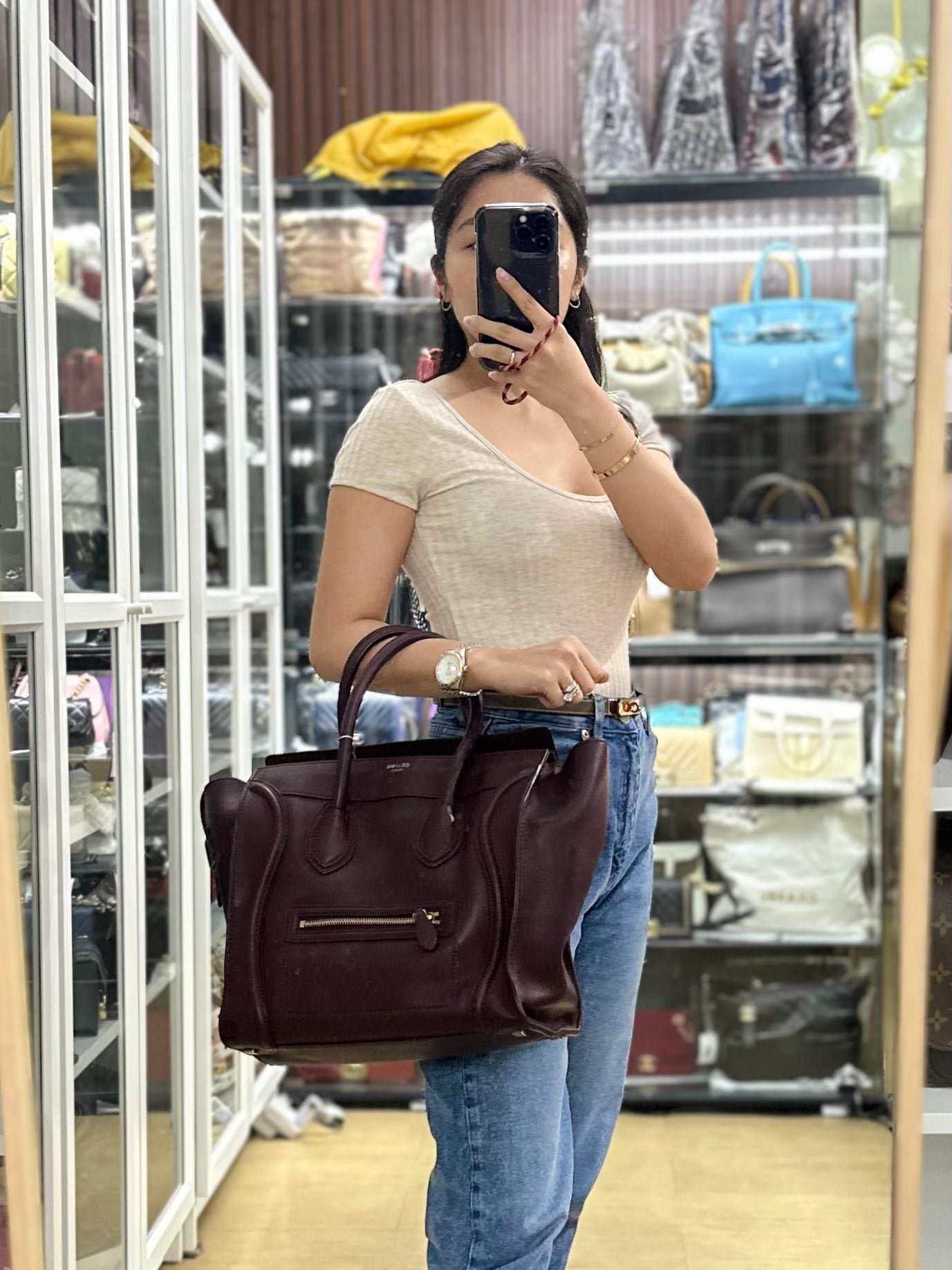 Celine Burgundy Smooth Calfskin Leather Mini Luggage Tote Bag | Purse Maison Luxury Bags Shop
