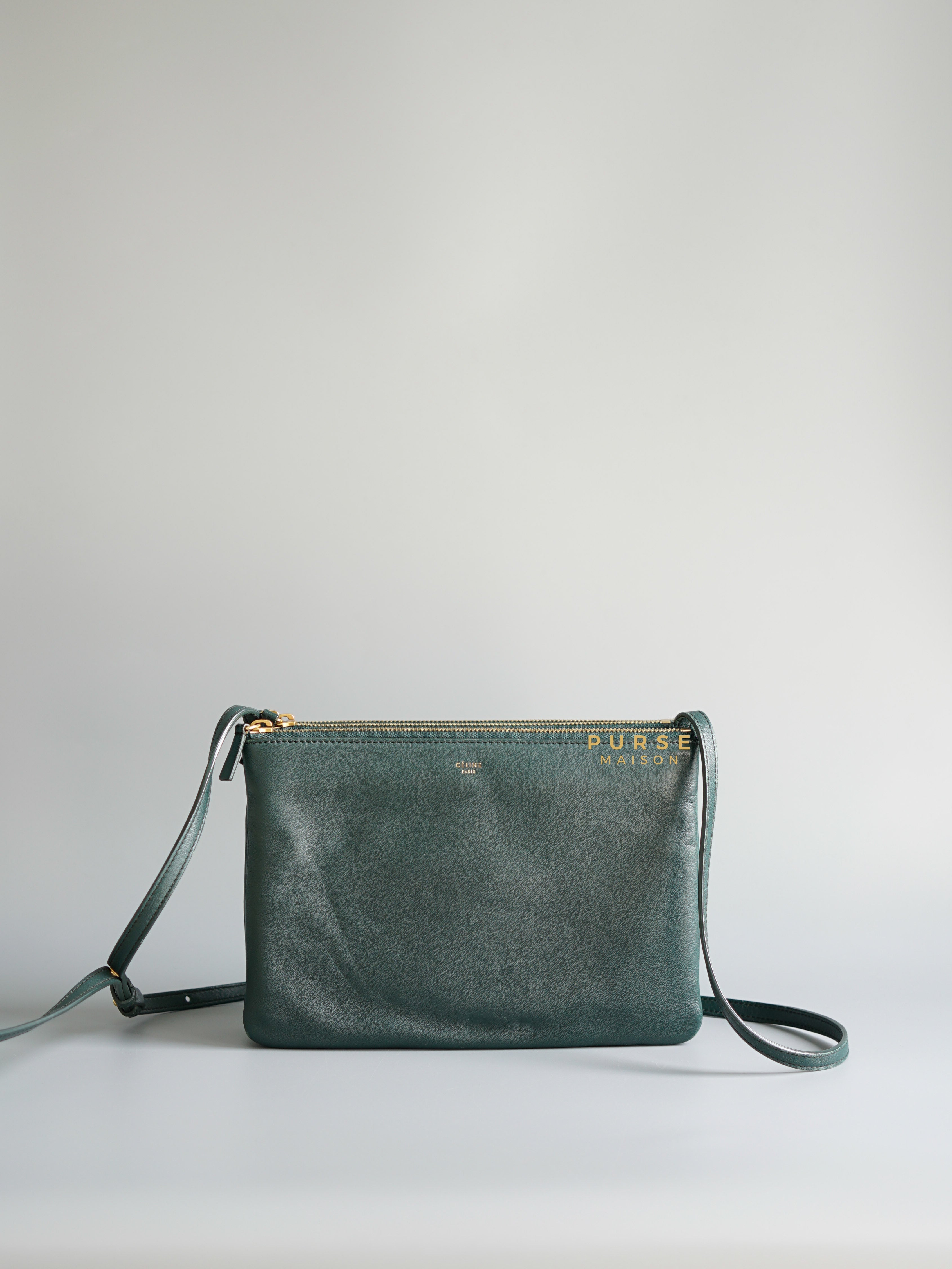 Celine Lambskin Trio Crossbody Bag Dark Green Purse Maison