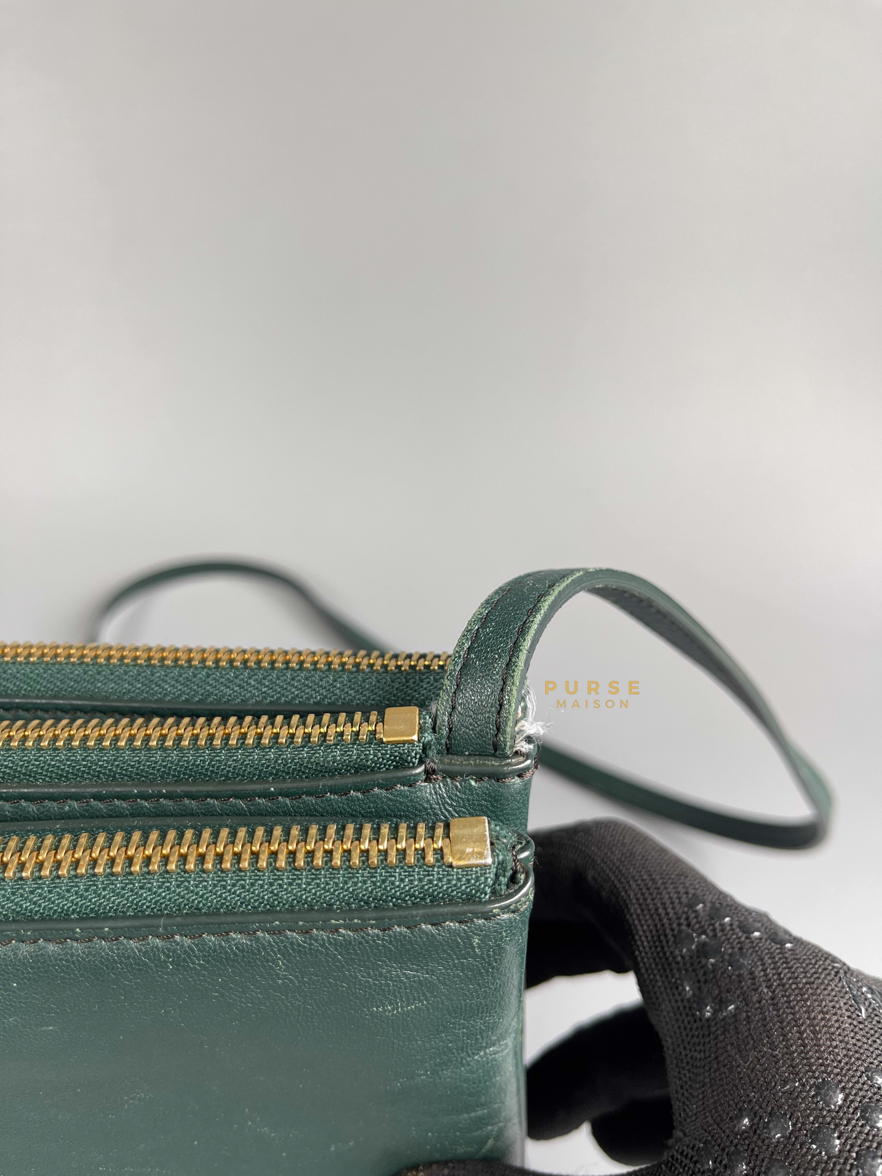 Celine Lambskin Trio Crossbody Bag Dark Green Purse Maison