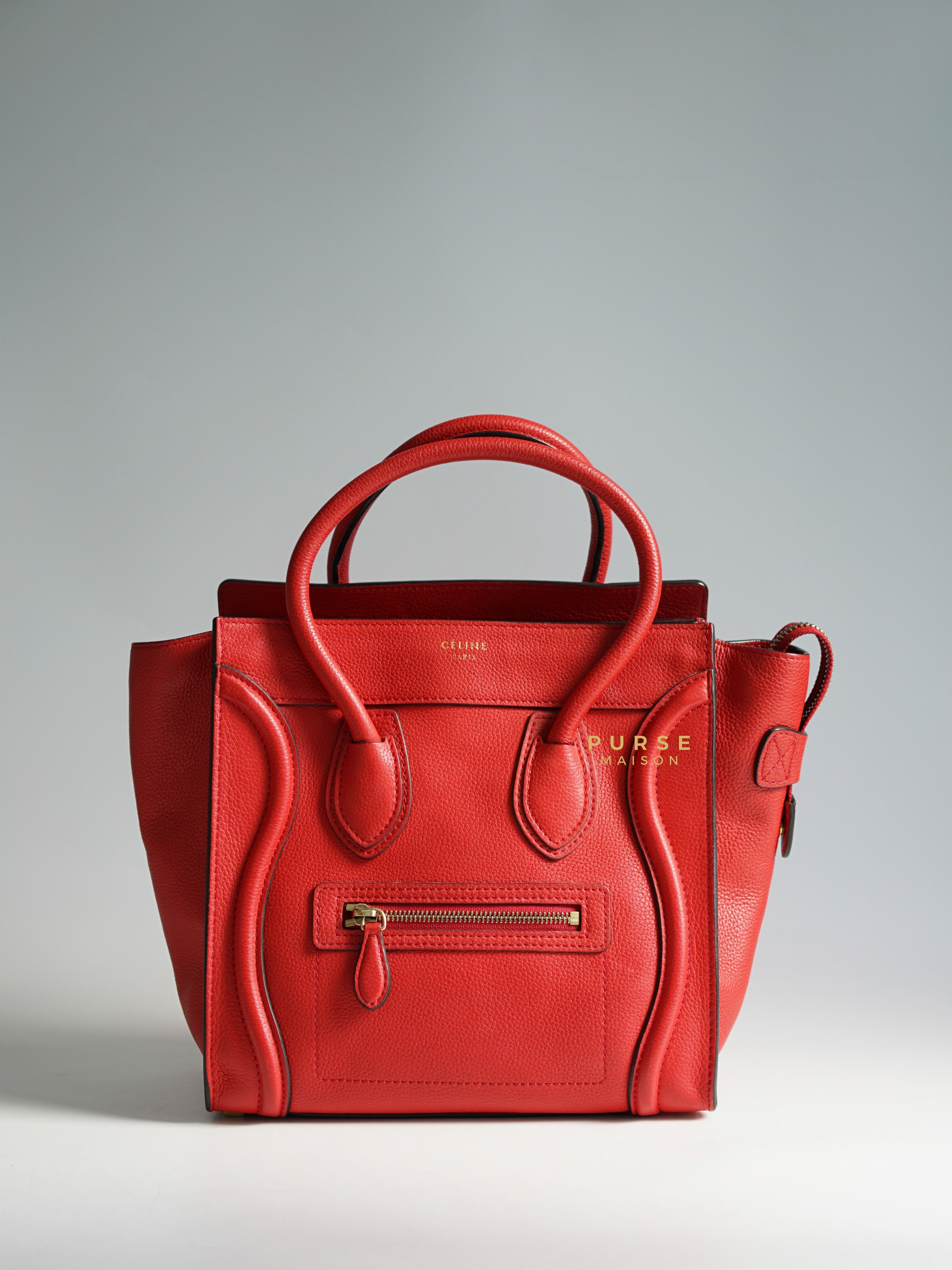 Celine Red Calfskin Leather Micro Luggage Tote Bag Purse