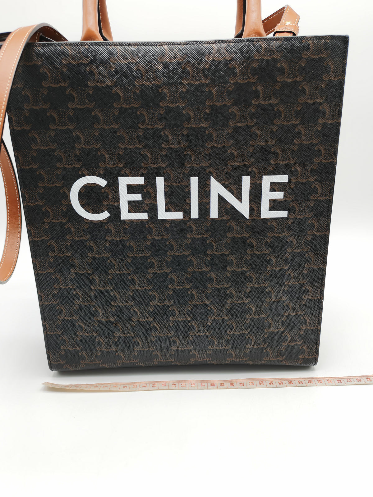 Celine Triomphe Canvas and Tan Calfskin Leather Small Vertical Cabas | Purse Maison Luxury Bags Shop